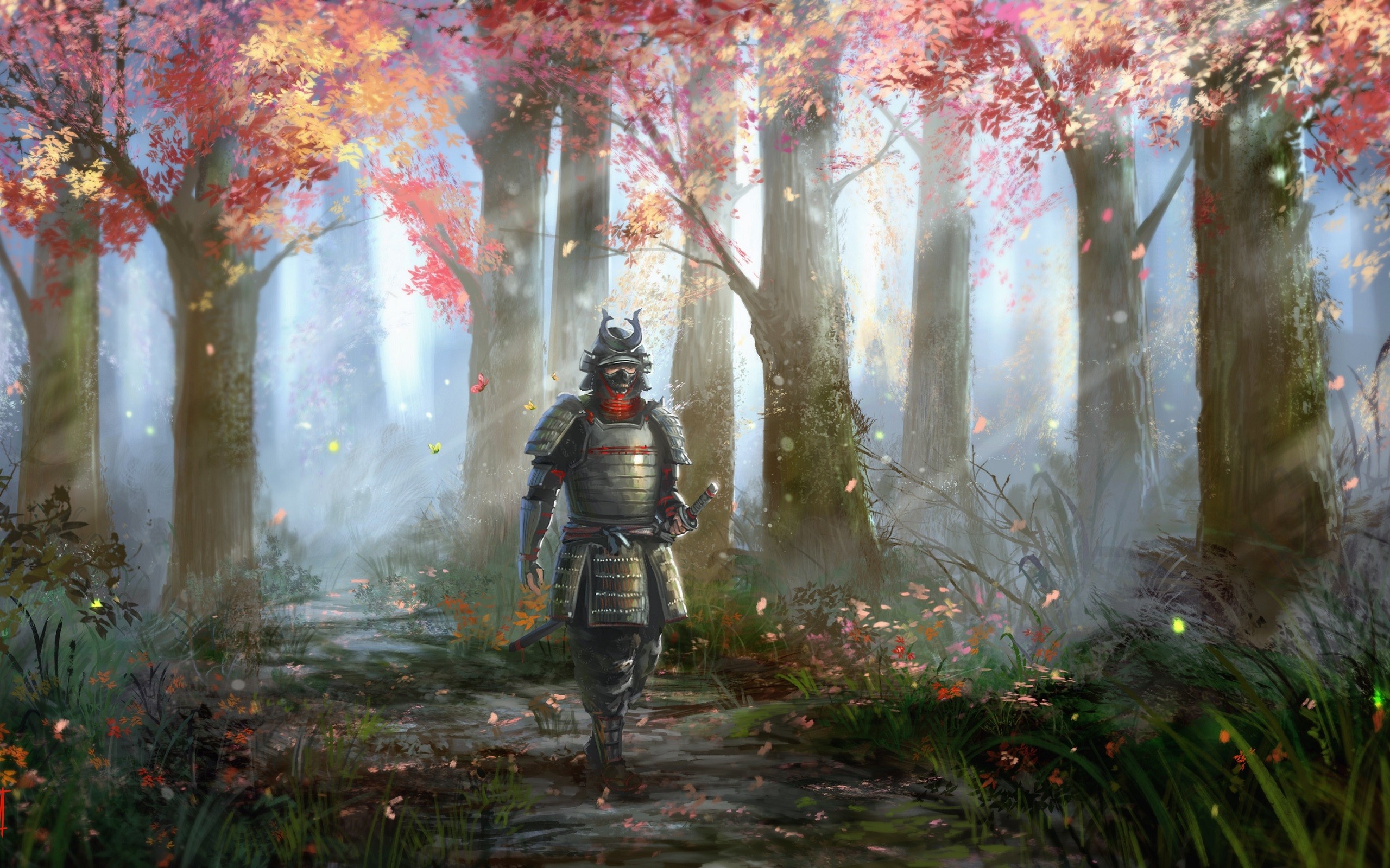 Samurai warrior walking in a fantasy forest with autumn trees HD Wallpaper