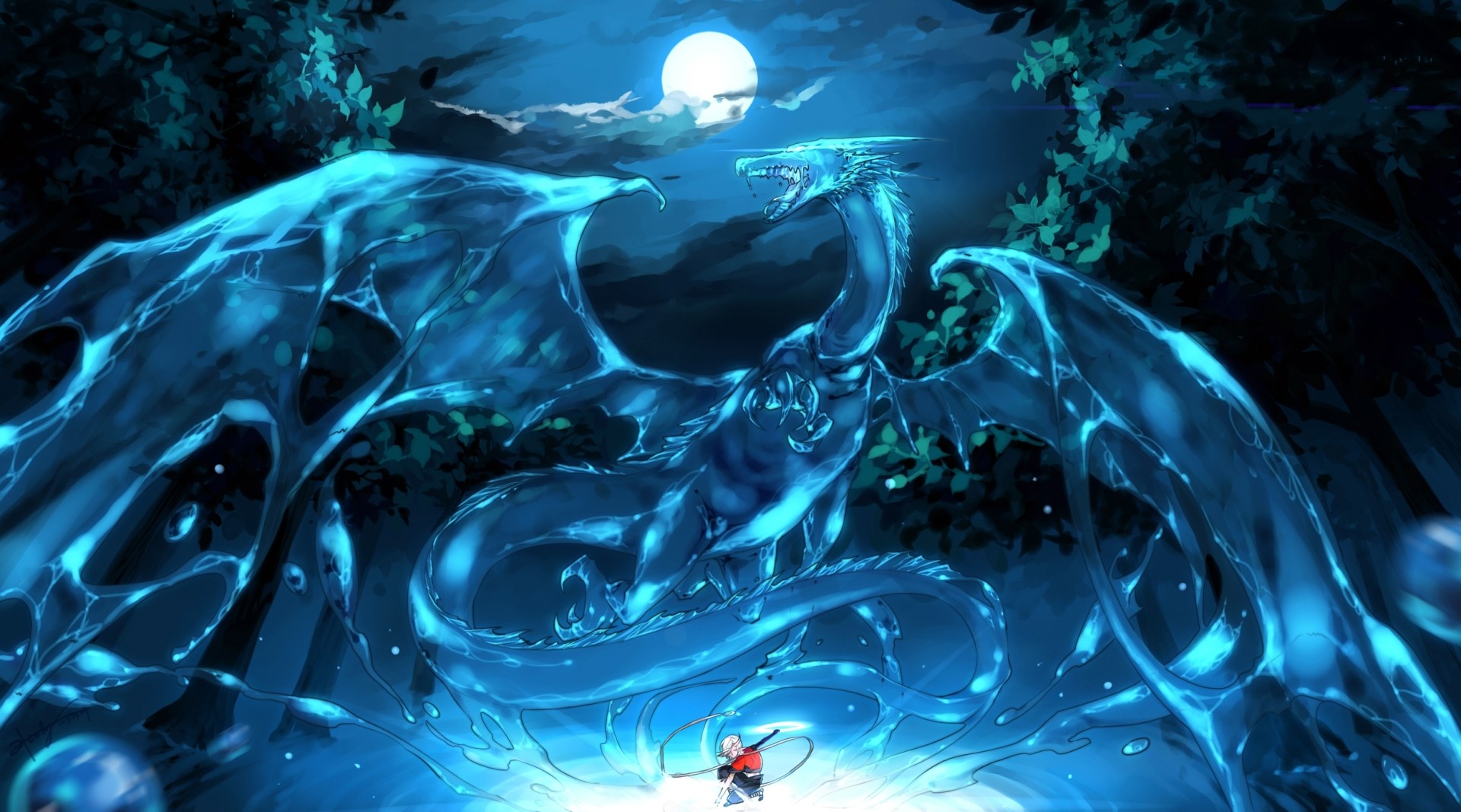 Anime water dragon and girl under moon HD Wallpaper