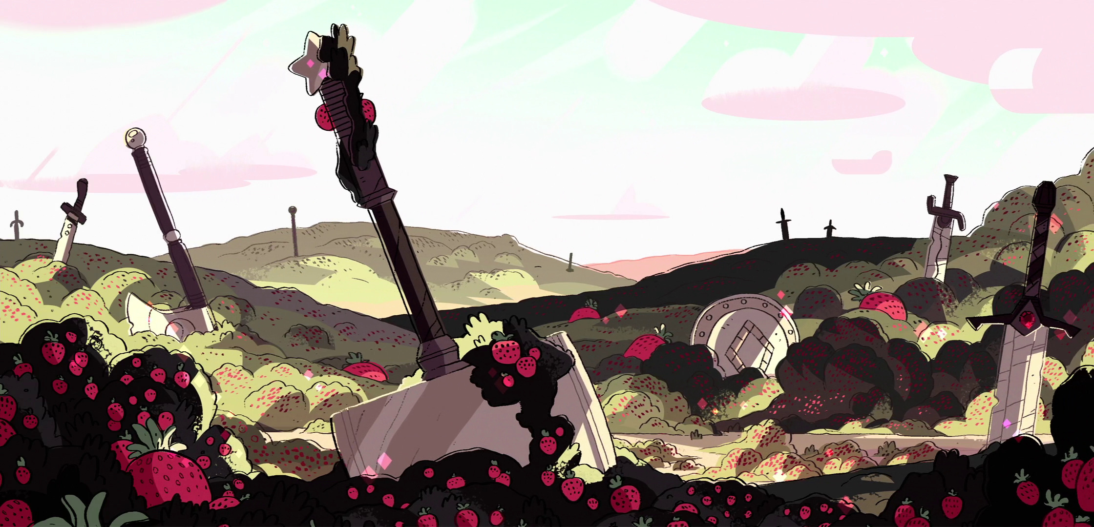 Steven Universe cartoon landscape with swords and strawberries HD Wallpaper