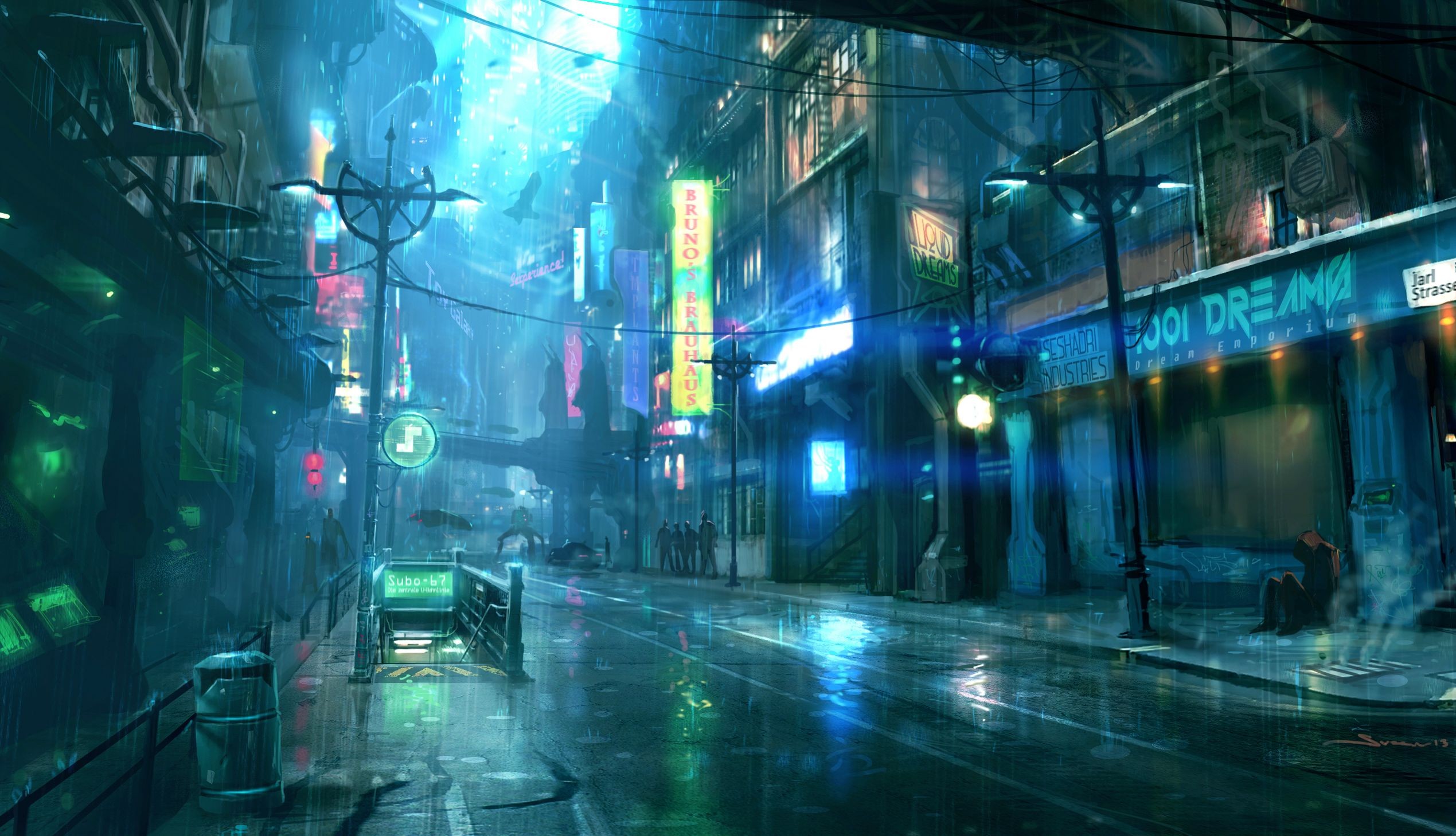 Cyberpunk street with neon signs and rain HD Wallpaper