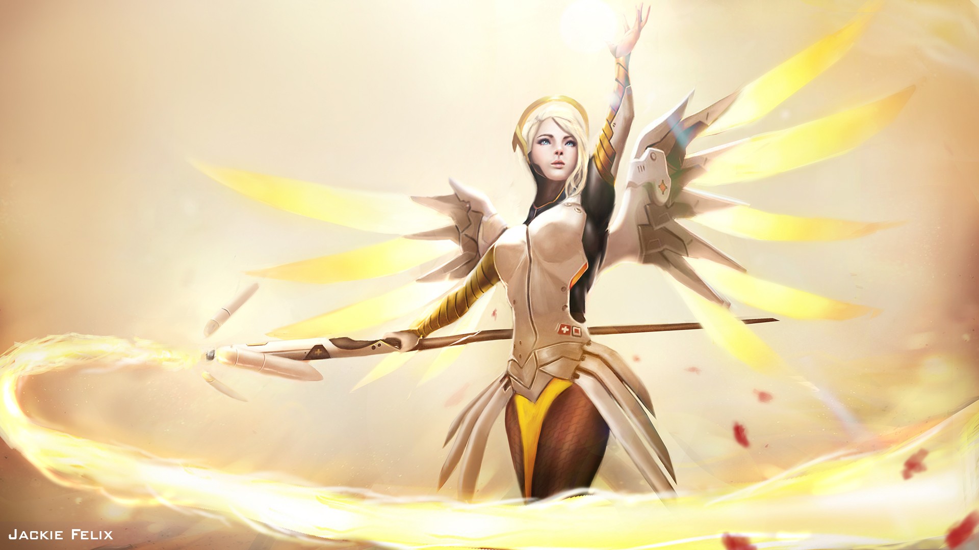 Mercy from Overwatch with glowing wings HD Wallpaper