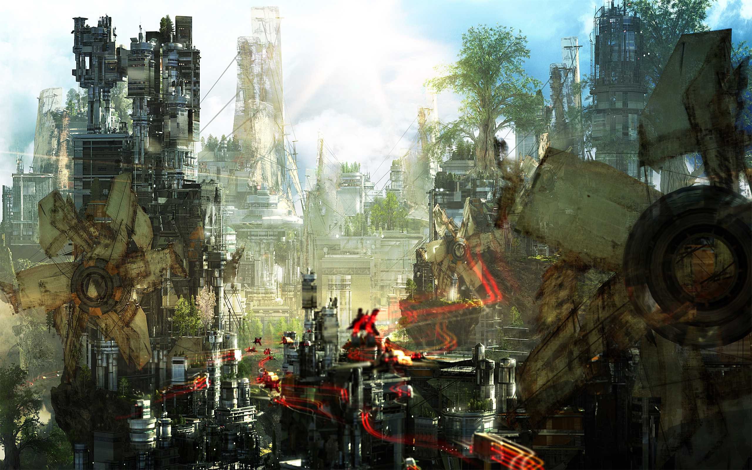 Futuristic city ruins with overgrown nature and flying vehicles HD Wallpaper
