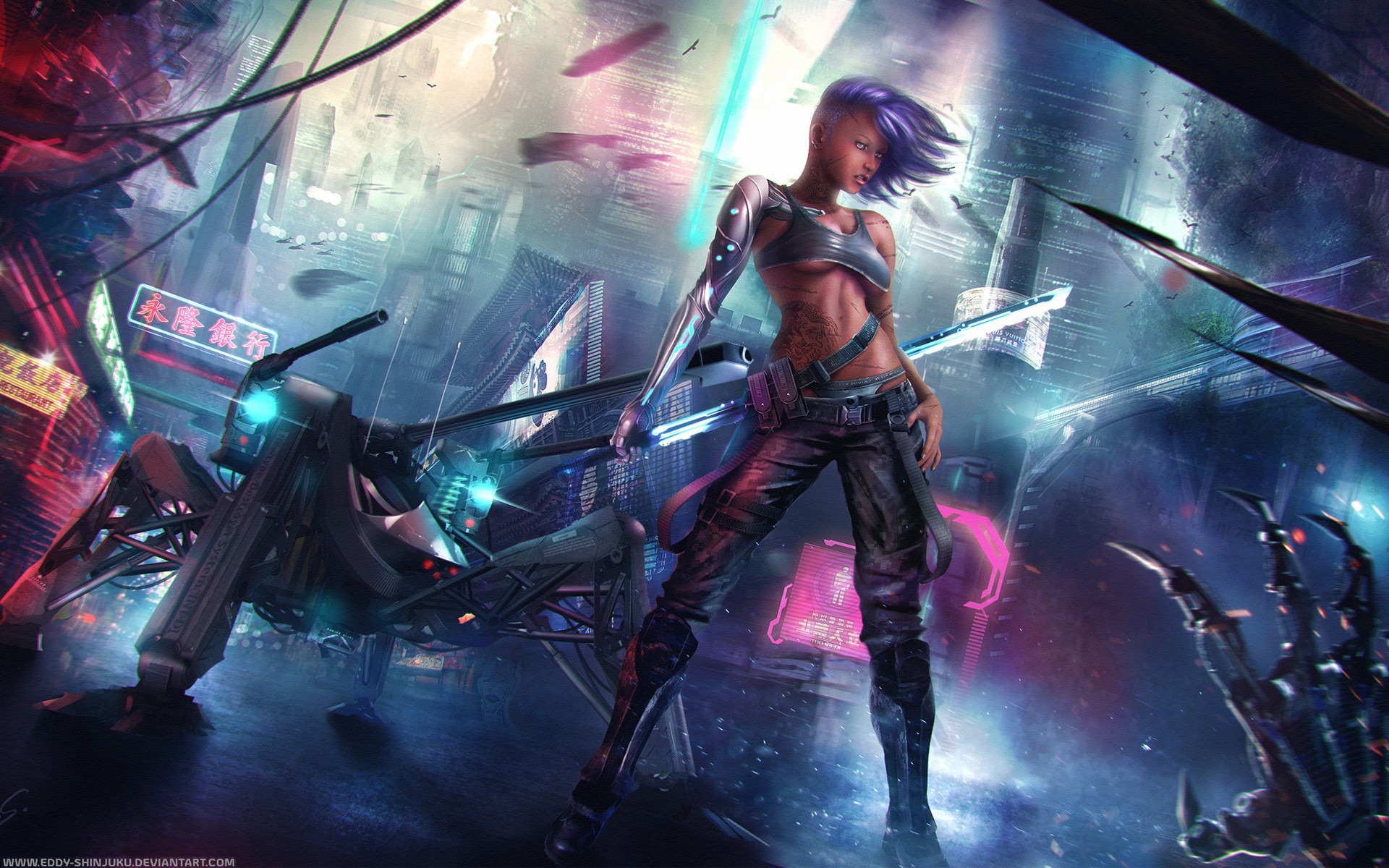 Cyberpunk woman with robotic arm and sword HD Wallpaper