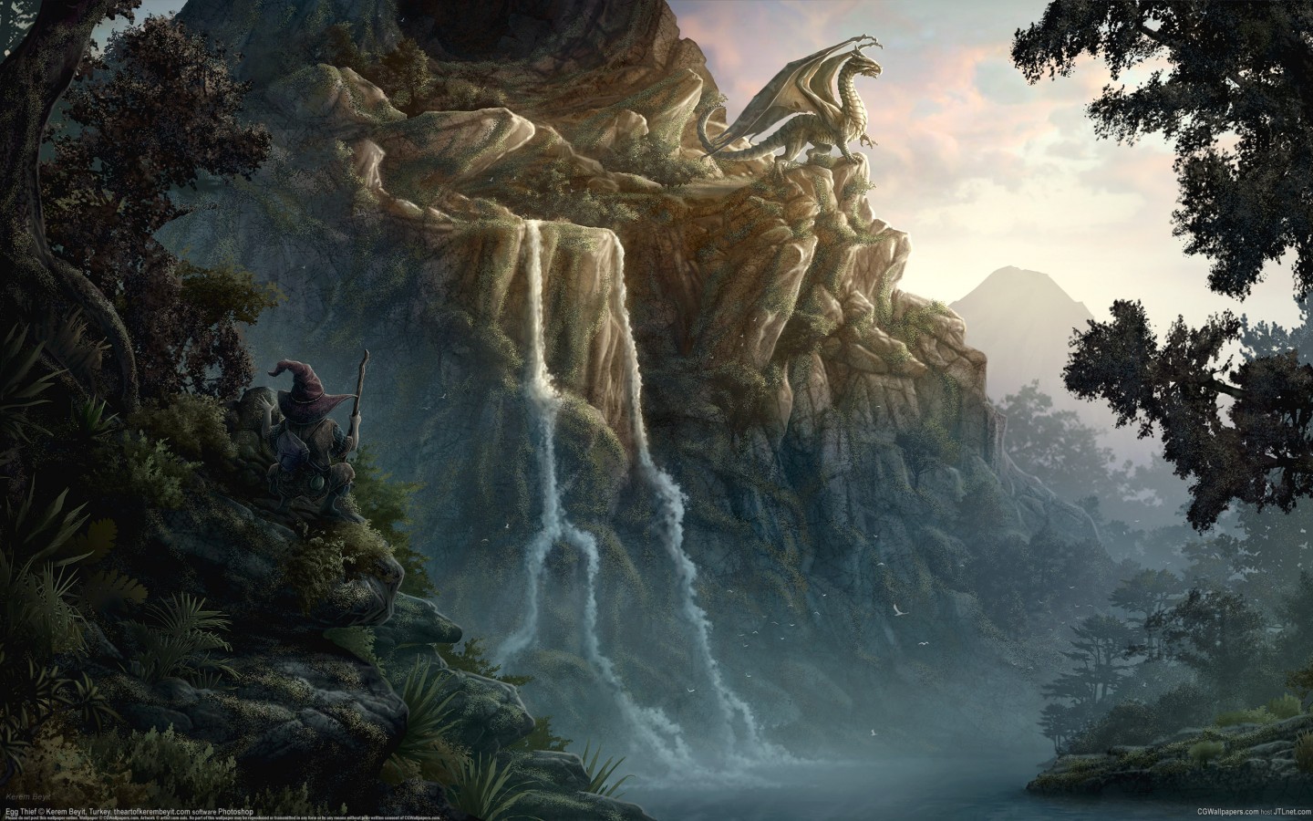 Fantasy landscape with a dragon and a wizard HD Wallpaper