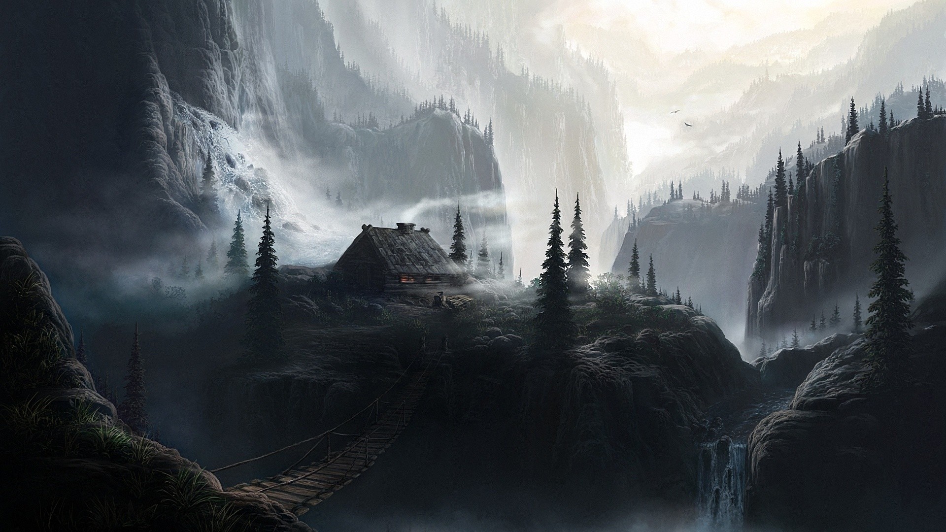 Misty Mountain Cabin with Waterfall and Bridge HD Wallpaper