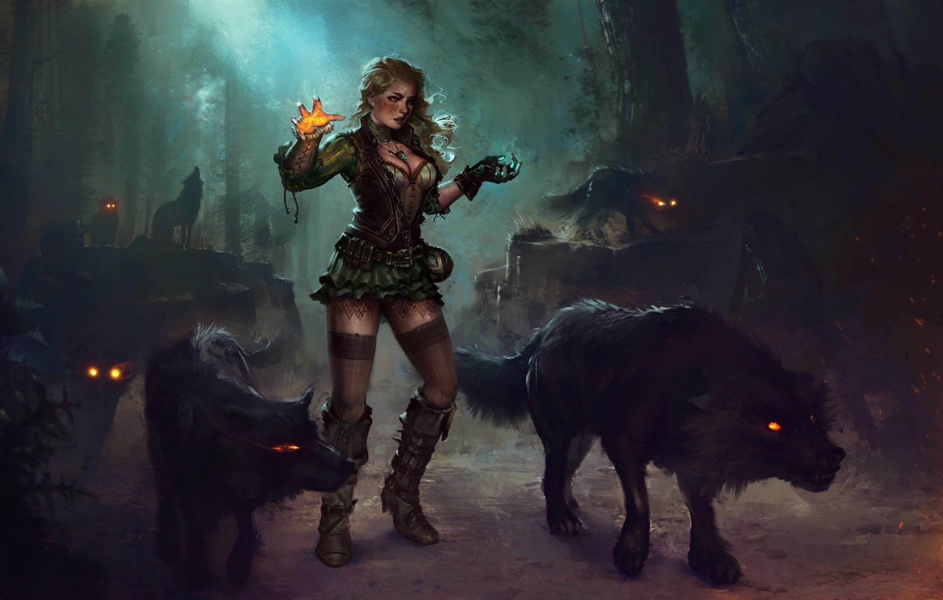 Fantasy art of a sorceress with wolves in a forest HD Wallpaper
