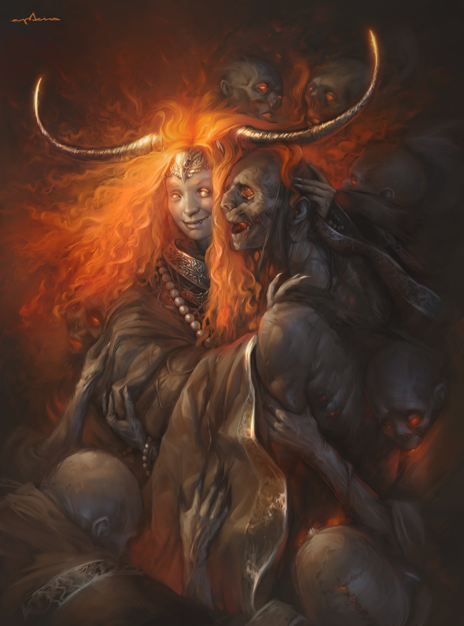 Demonic woman with horns and fiery hair surrounded by zombies HD Wallpaper