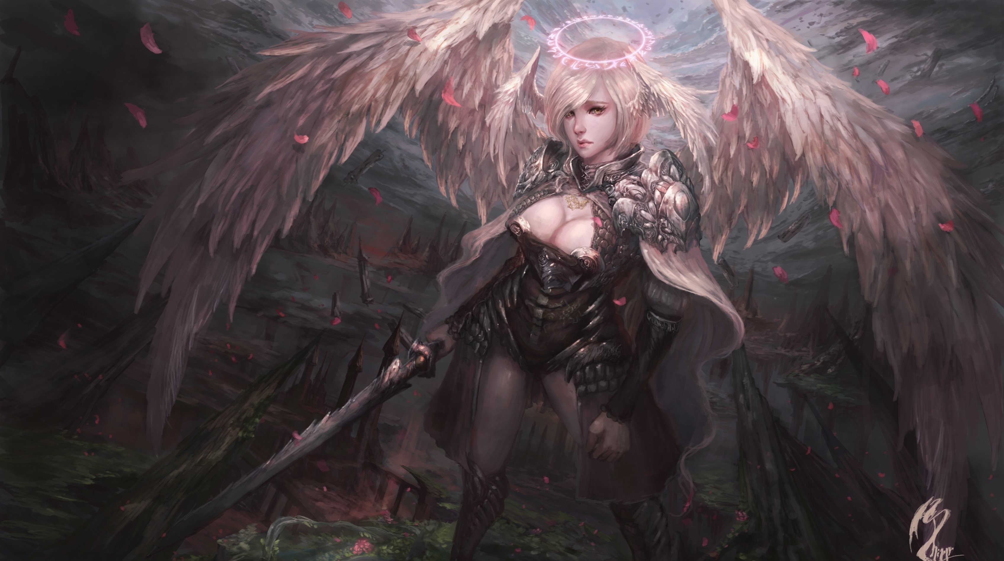 Fantasy angel warrior with sword and wings HD Wallpaper