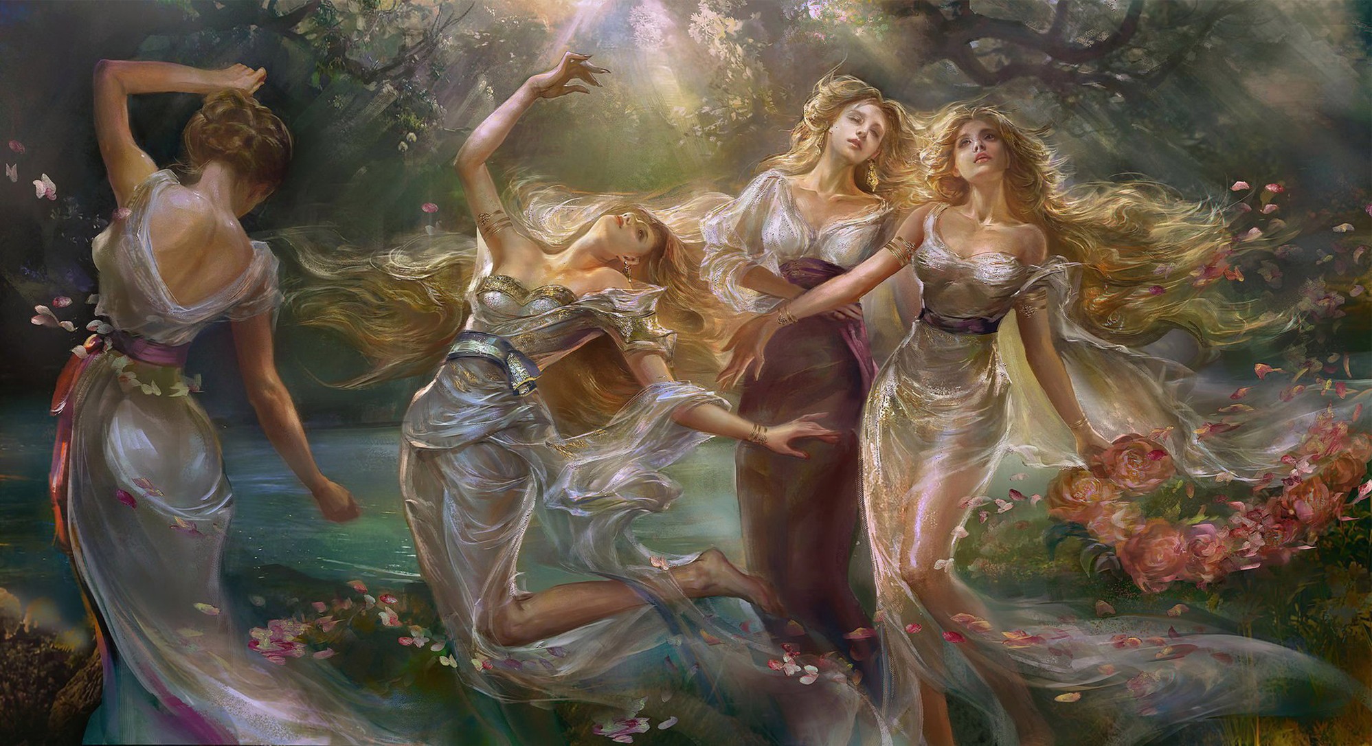 Four women dancing in a forest clearing HD Wallpaper