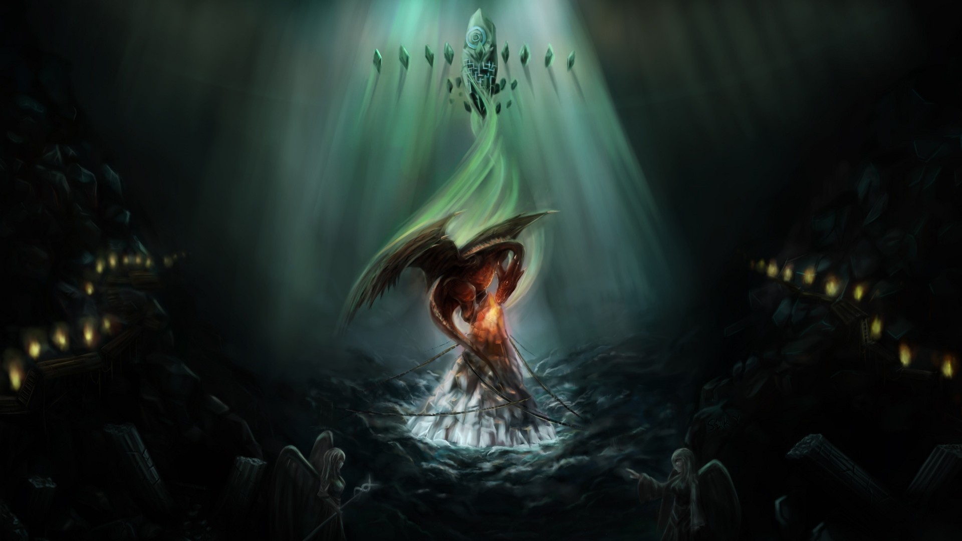 Dragon and Angels in a Dark Cave with Crystals HD Wallpaper