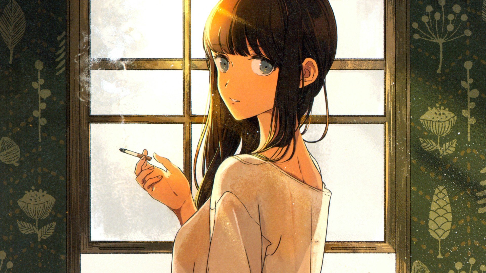 Anime girl smoking by the window HD Wallpaper