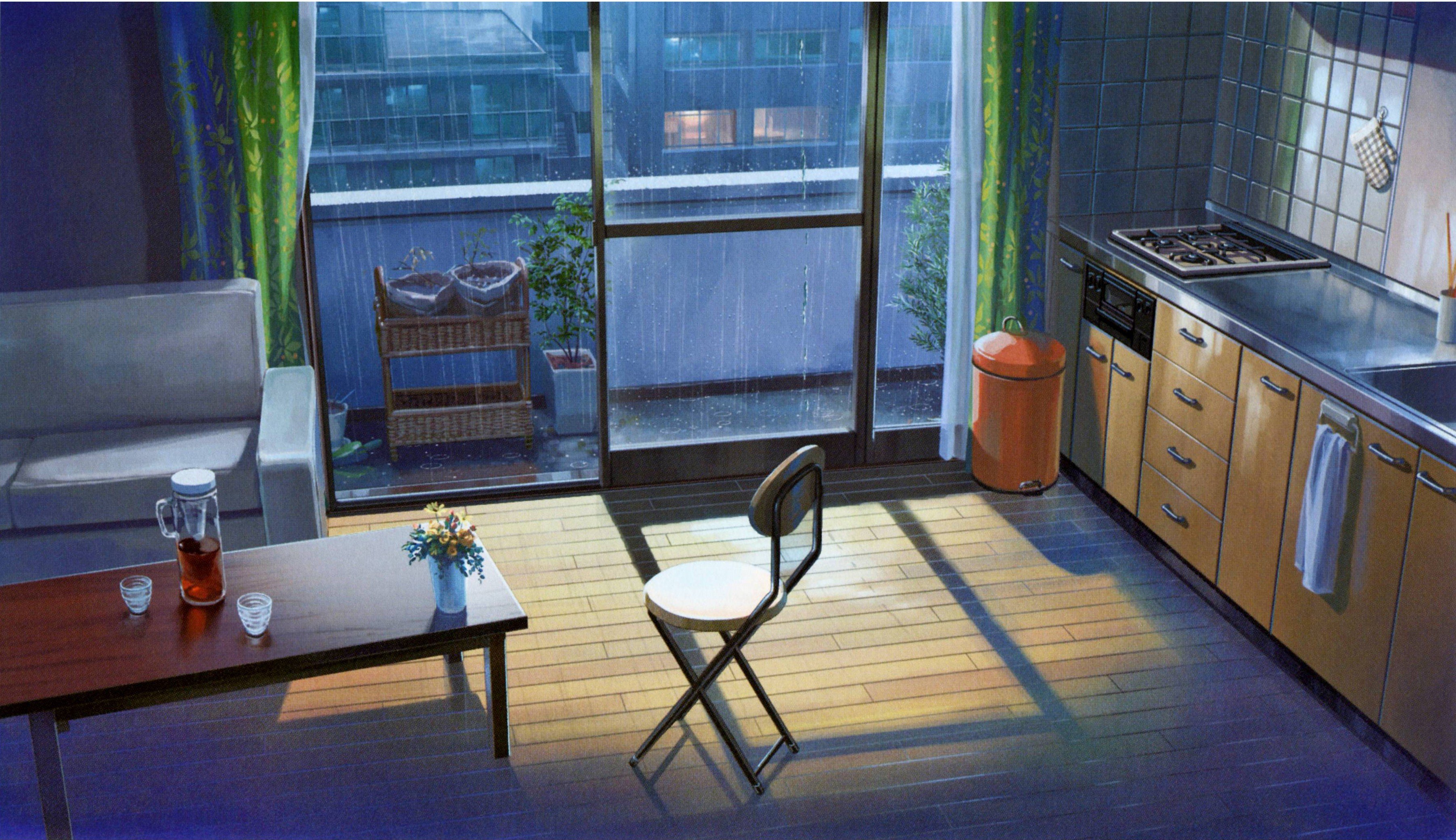 Apartment interior with balcony during rain HD Wallpaper