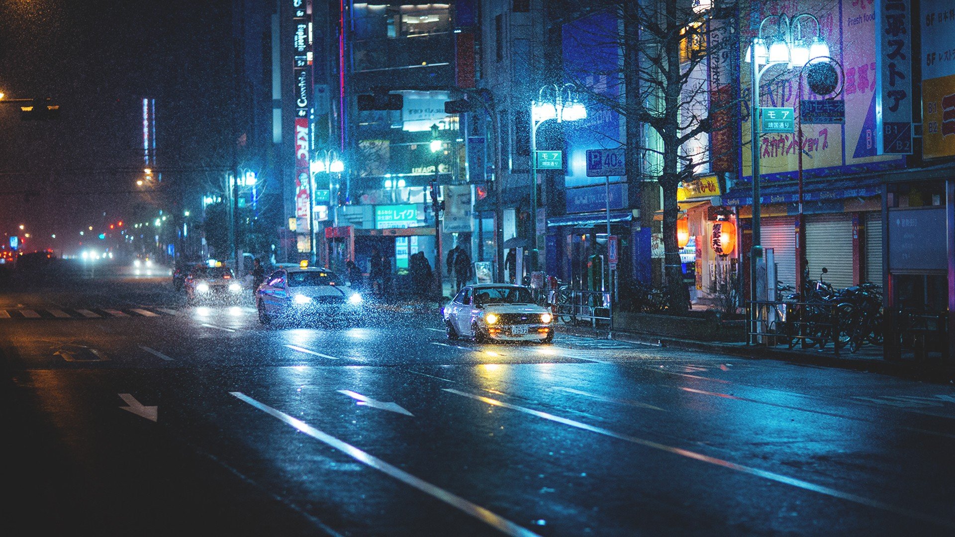 Rainy Tokyo Street at Night with Neon Signs HD Wallpaper