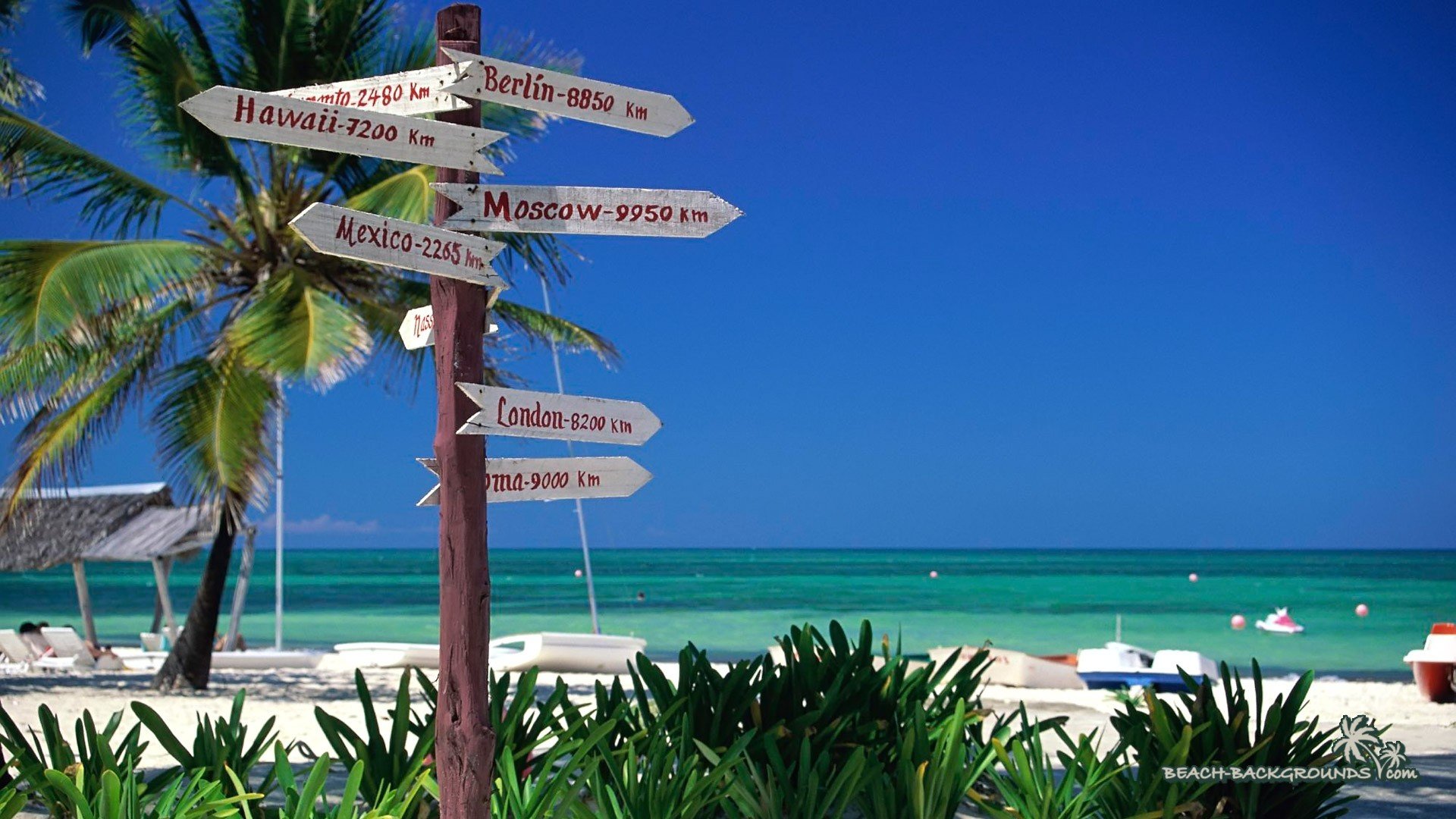 Beach signpost with destinations and distances HD Wallpaper