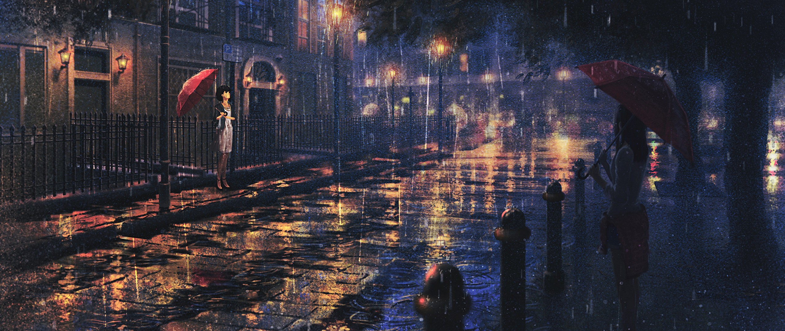 Two women with umbrellas in a rainy city street at night HD Wallpaper