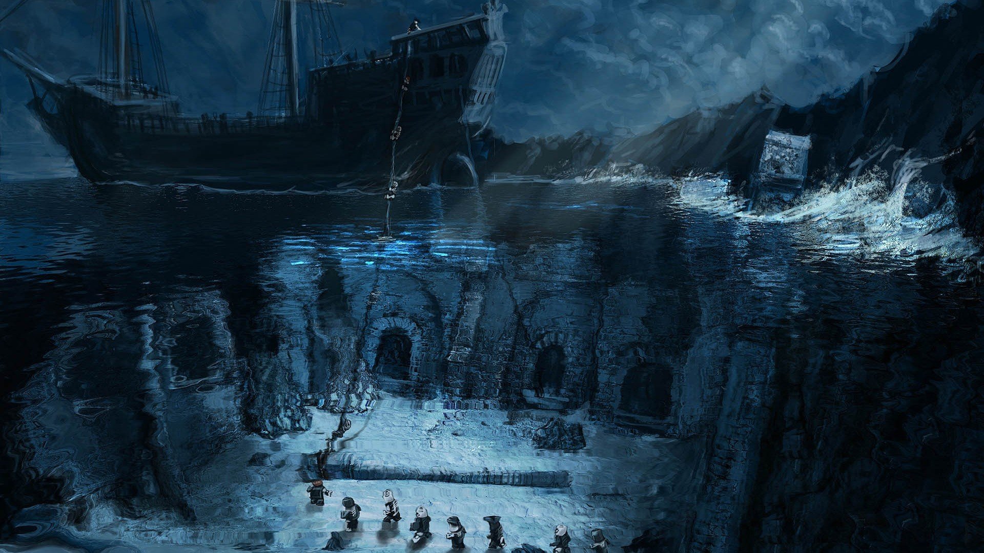 Pirates ship and Lego figures in underwater ruins HD Wallpaper
