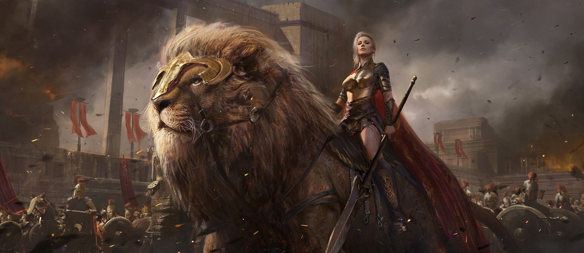 Warrior riding a lion in a battle scene HD Wallpaper