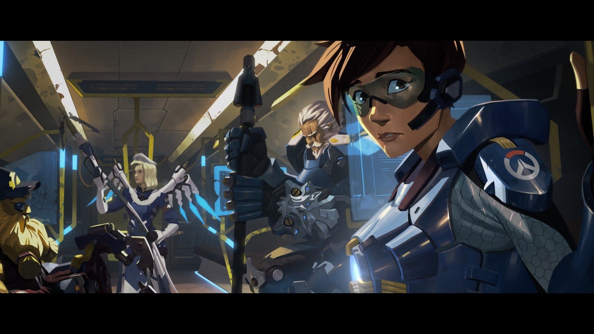 Overwatch characters Tracer, Mercy, Reinhardt, and Torbjörn HD Wallpaper