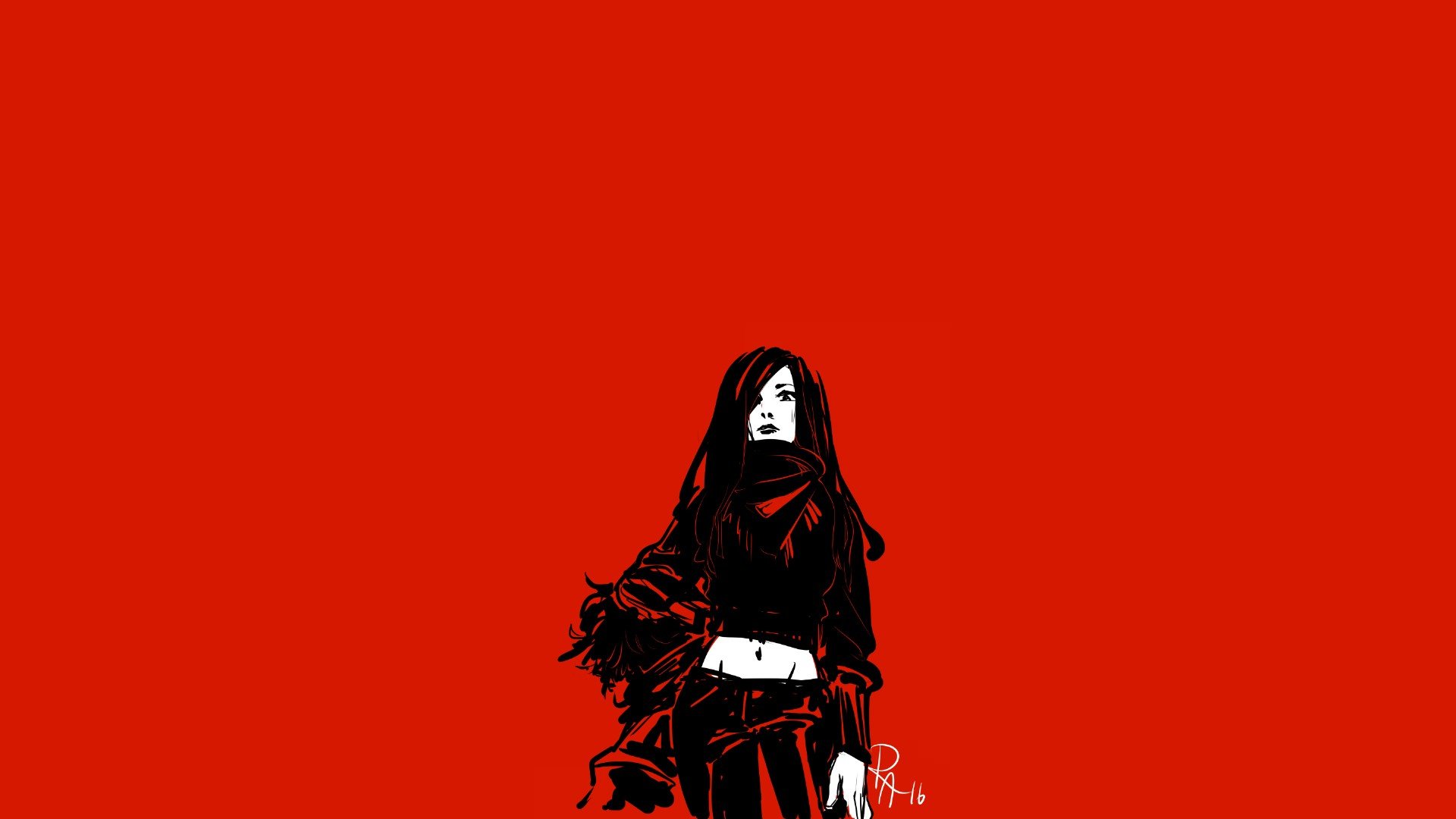 Woman with long black hair on red background HD Wallpaper