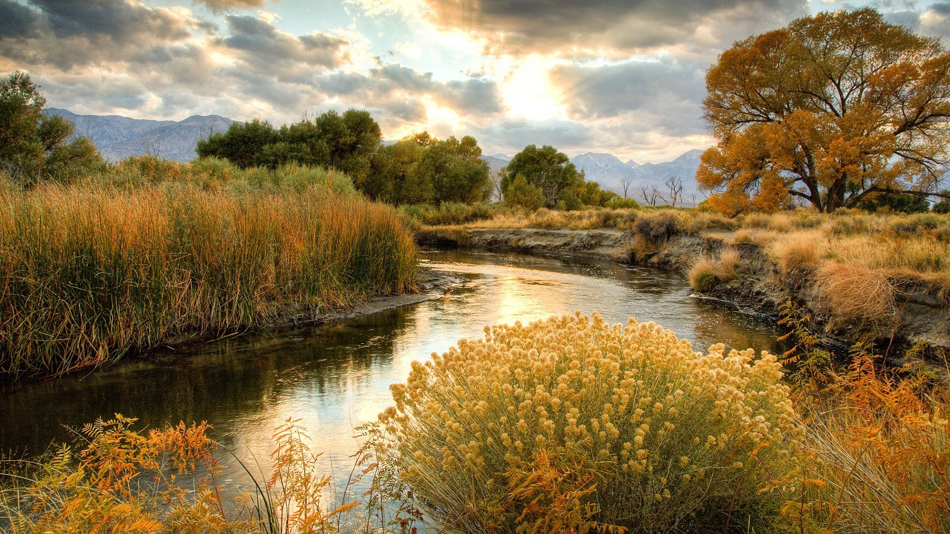 Autumn landscape with river and mountains HD Wallpaper