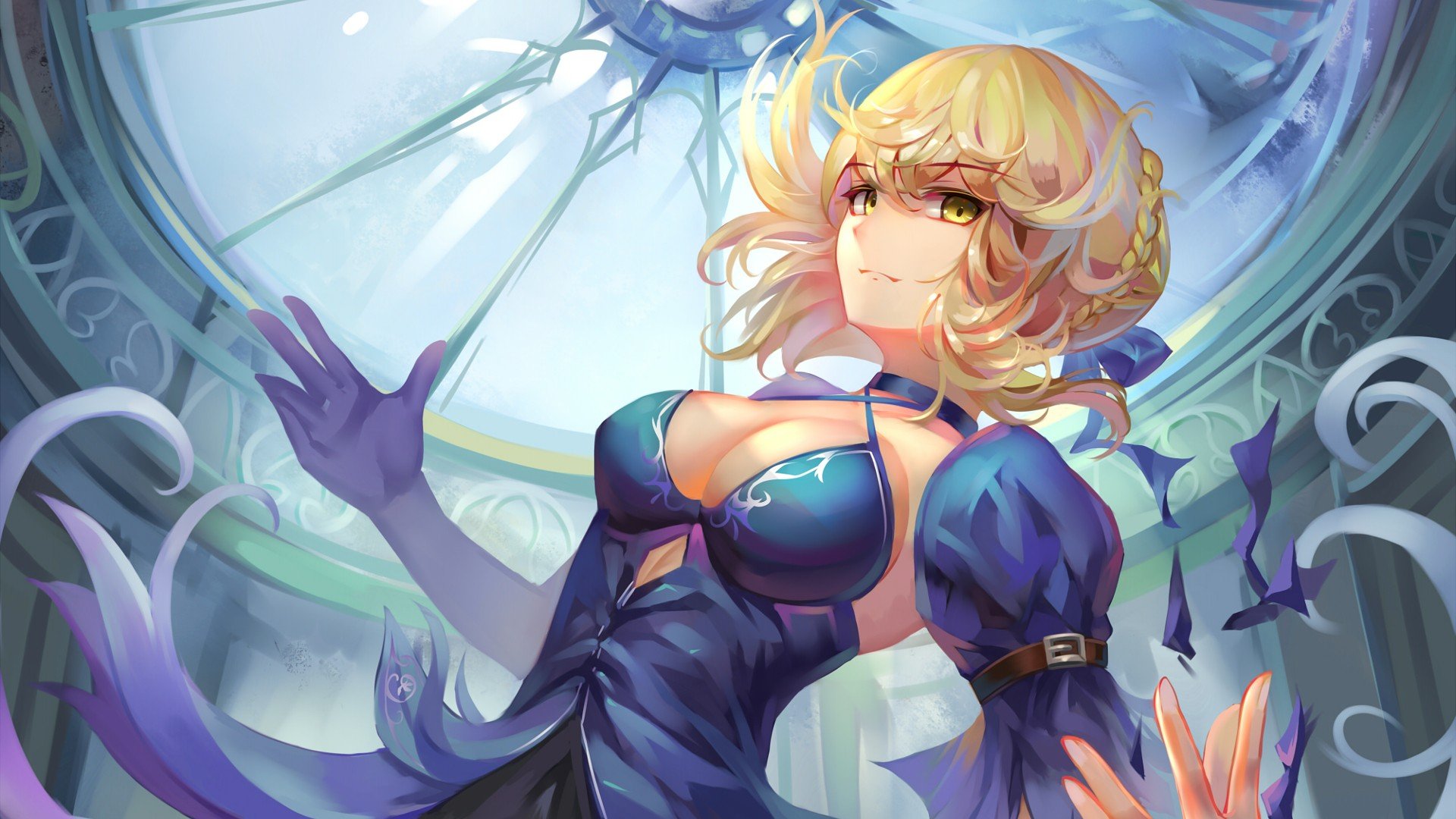 Anime girl with blonde hair and yellow eyes in a blue dress HD Wallpaper