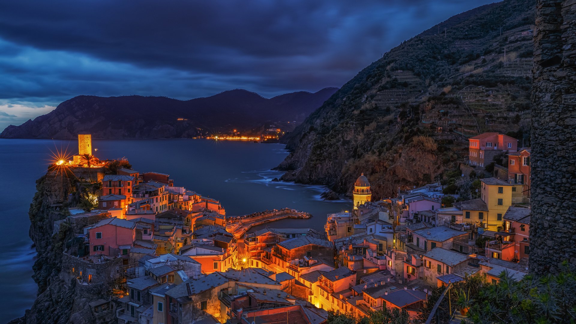 Vernazza village at dusk with sea and mountains HD Wallpaper