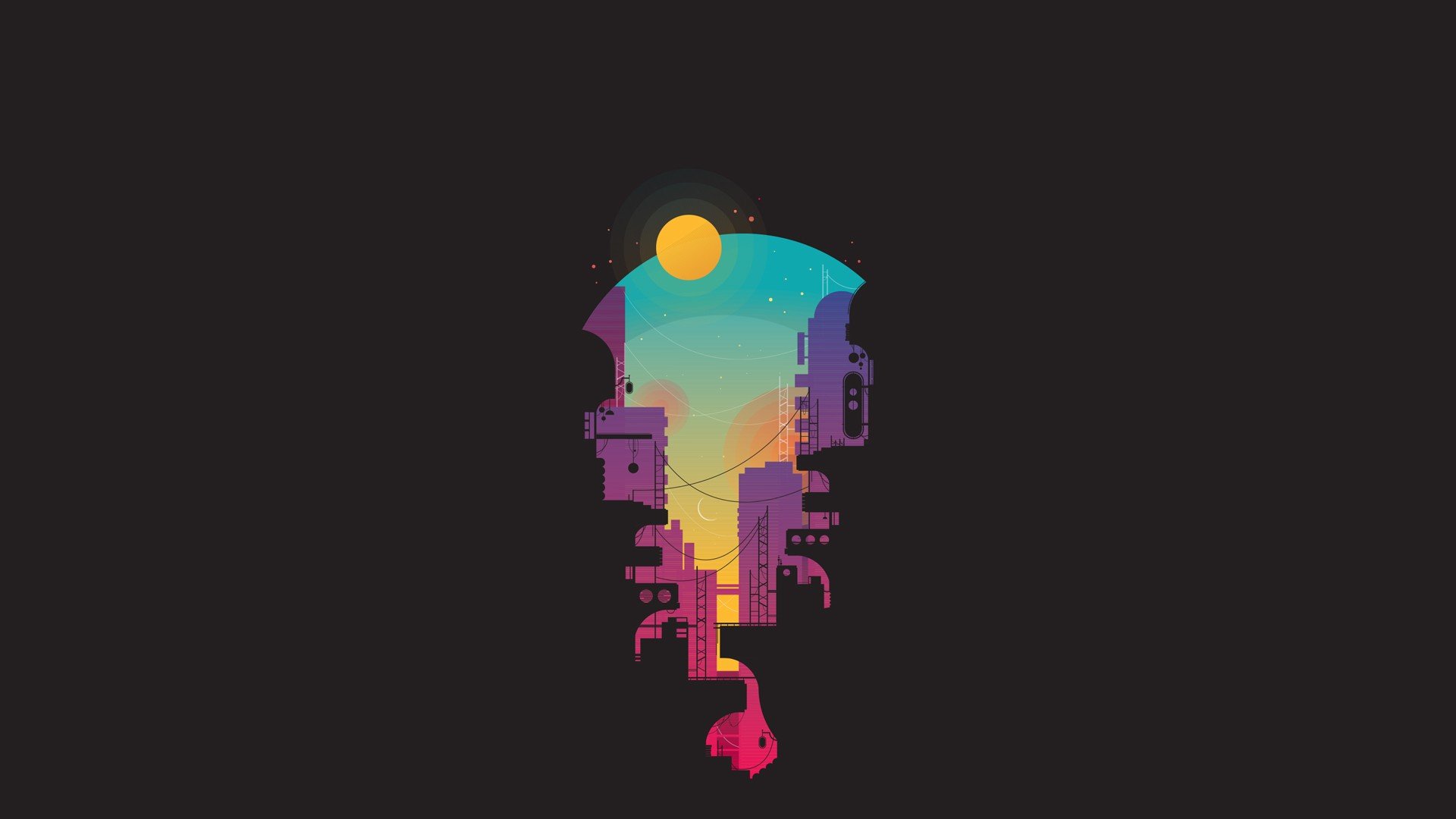 Minimalist cityscape with sunset and moon HD Wallpaper
