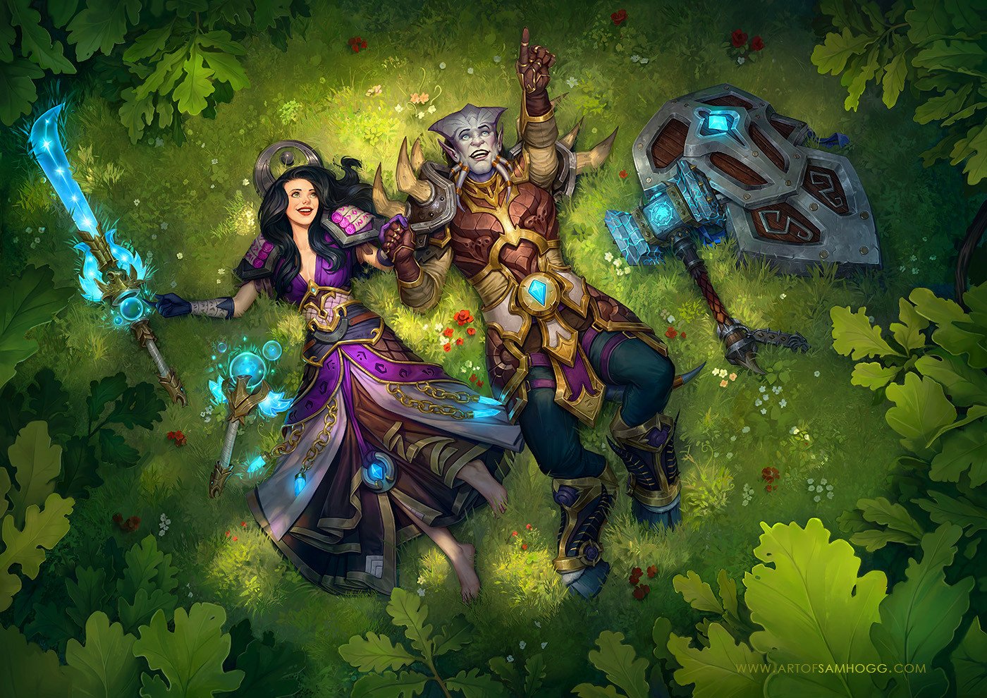 Woman and Draenei from World of Warcraft lying in grass HD Wallpaper