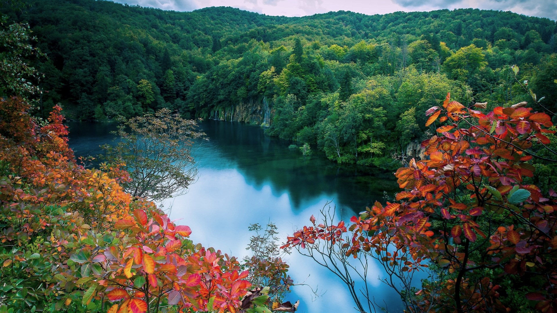 Autumn leaves frame a tranquil lake surrounded by a dense forest. HD Wallpaper