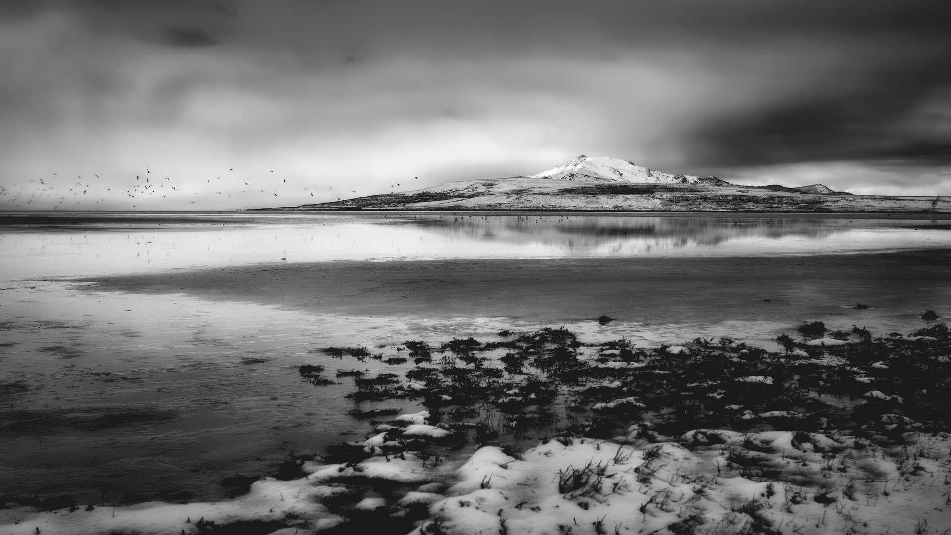Black and white landscape of snow-capped mountains reflecting in water HD Wallpaper
