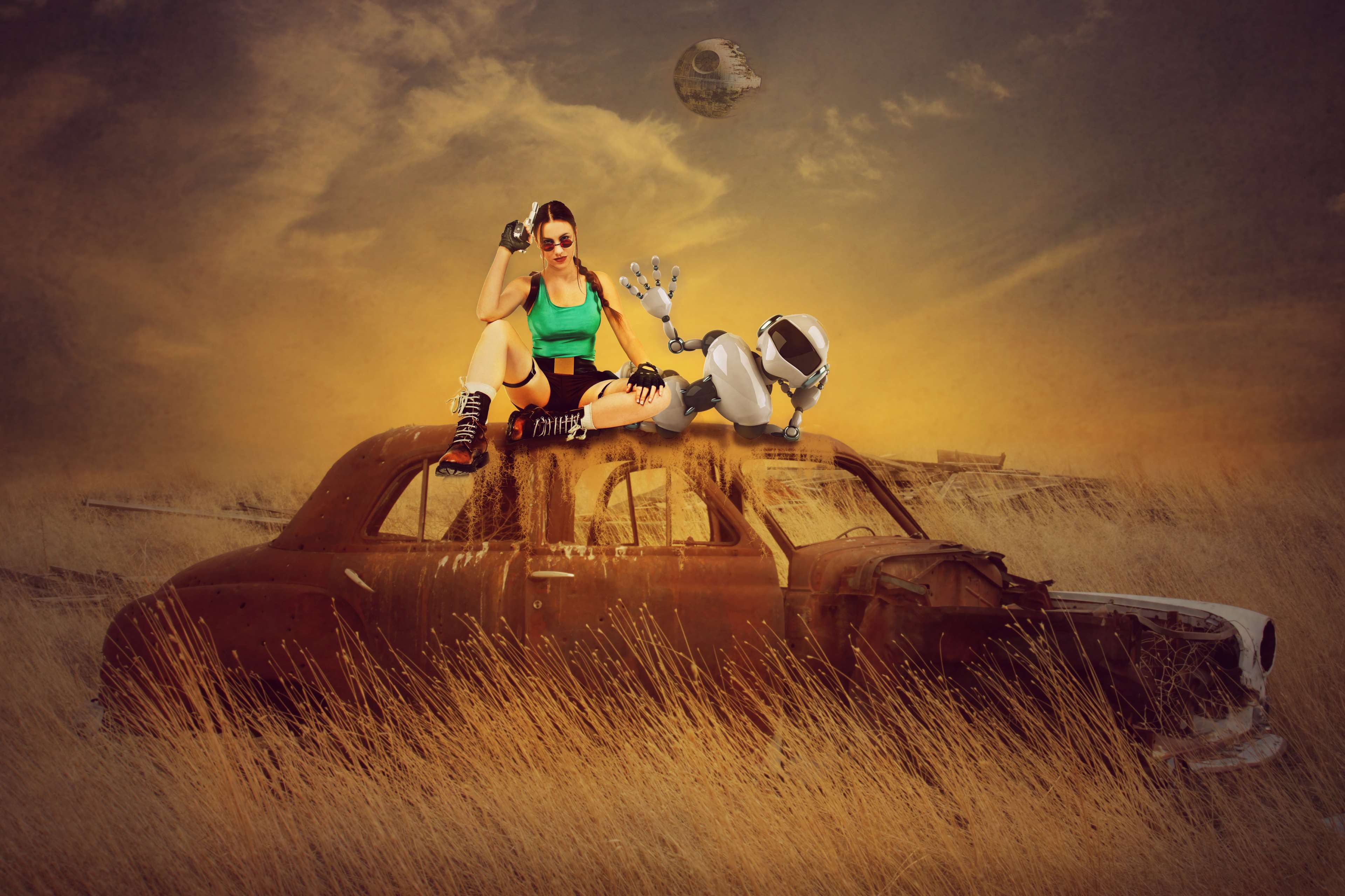 Lara Croft and robot on a car in a field HD Wallpaper
