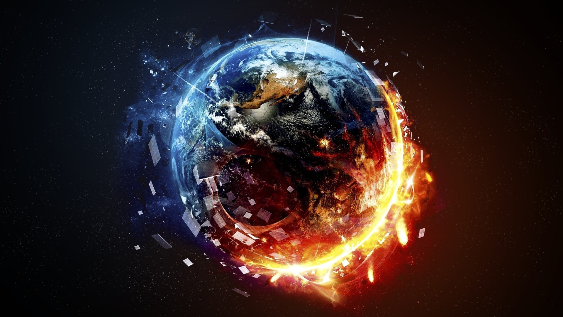 Earth in Space with Fire and Ice Effects HD Wallpaper