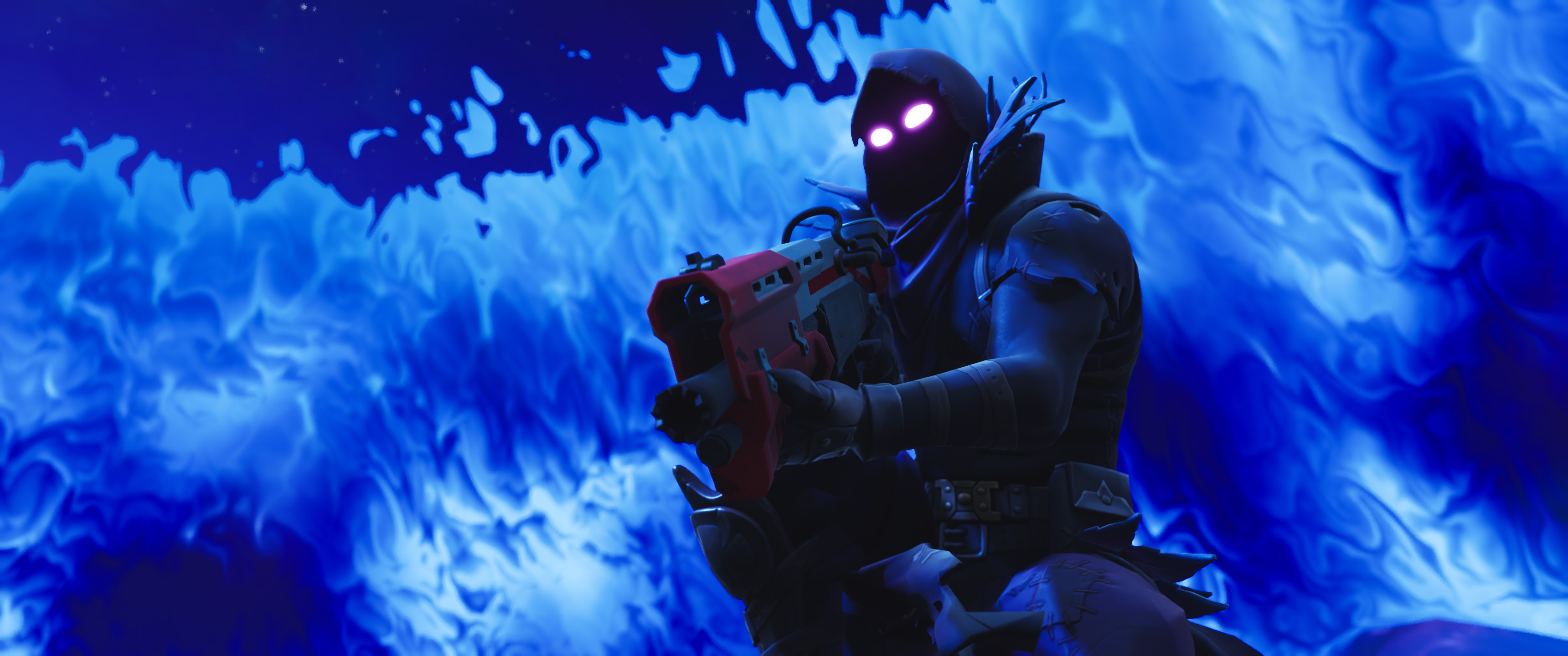 Raven from Fortnite holding a weapon with blue flames HD Wallpaper