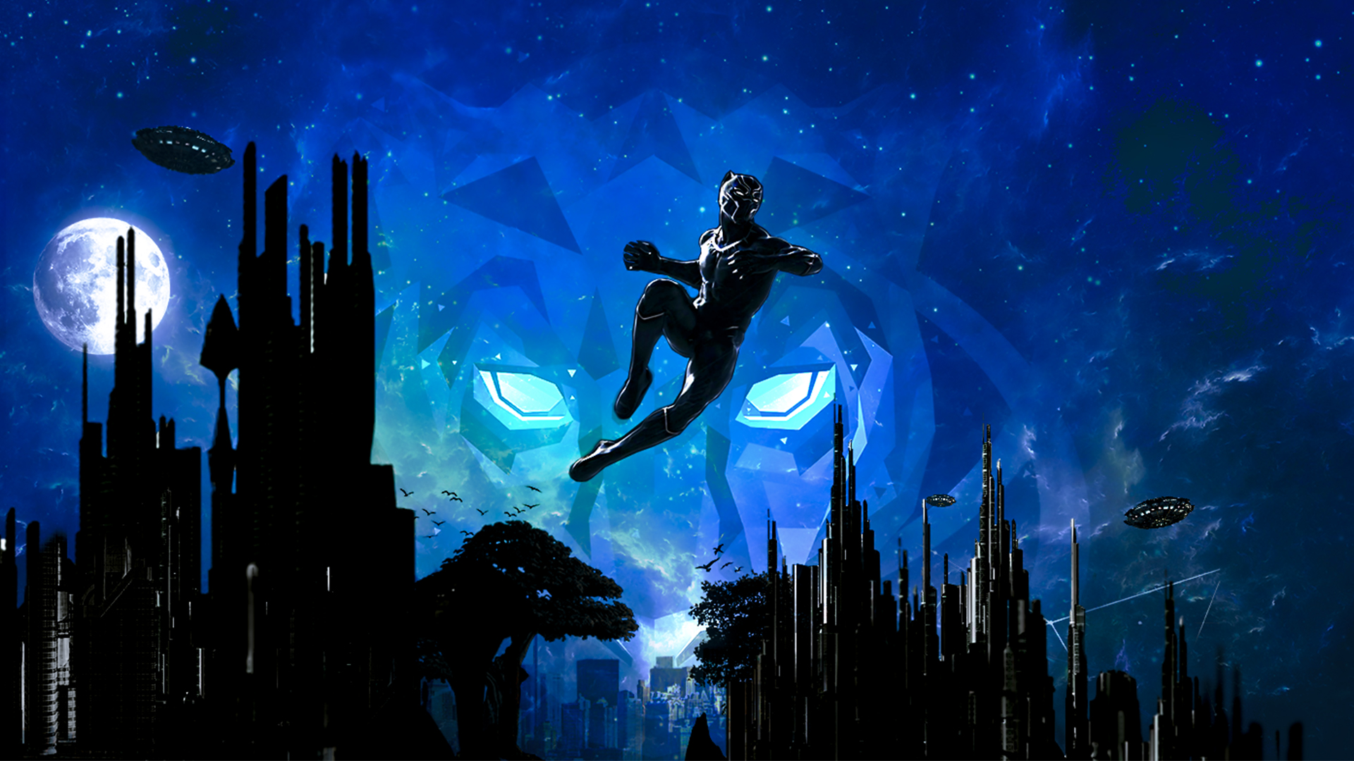 Black Panther leaping in front of a giant blue lion face HD Wallpaper