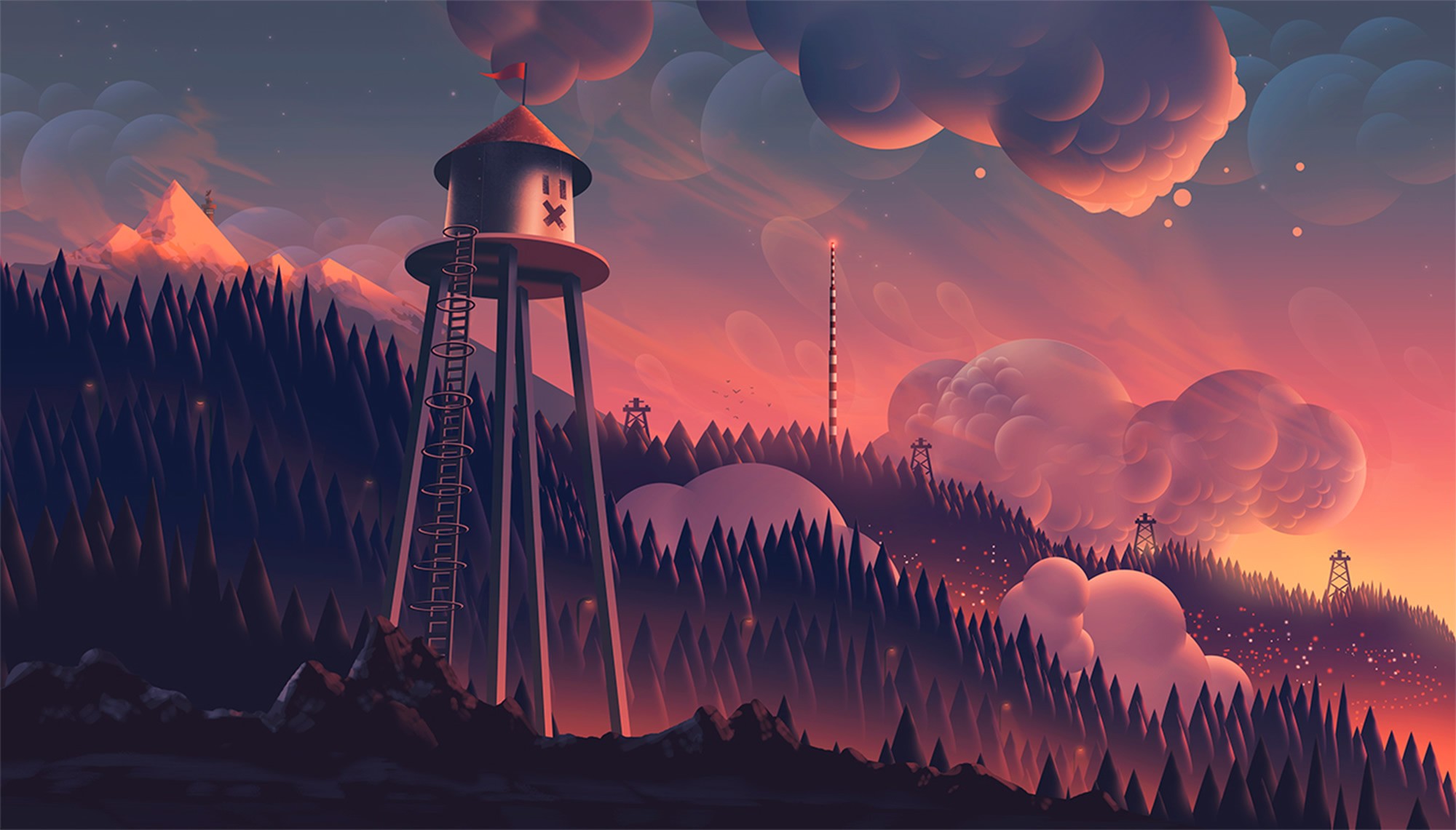 Digital art of a water tower at sunset HD Wallpaper