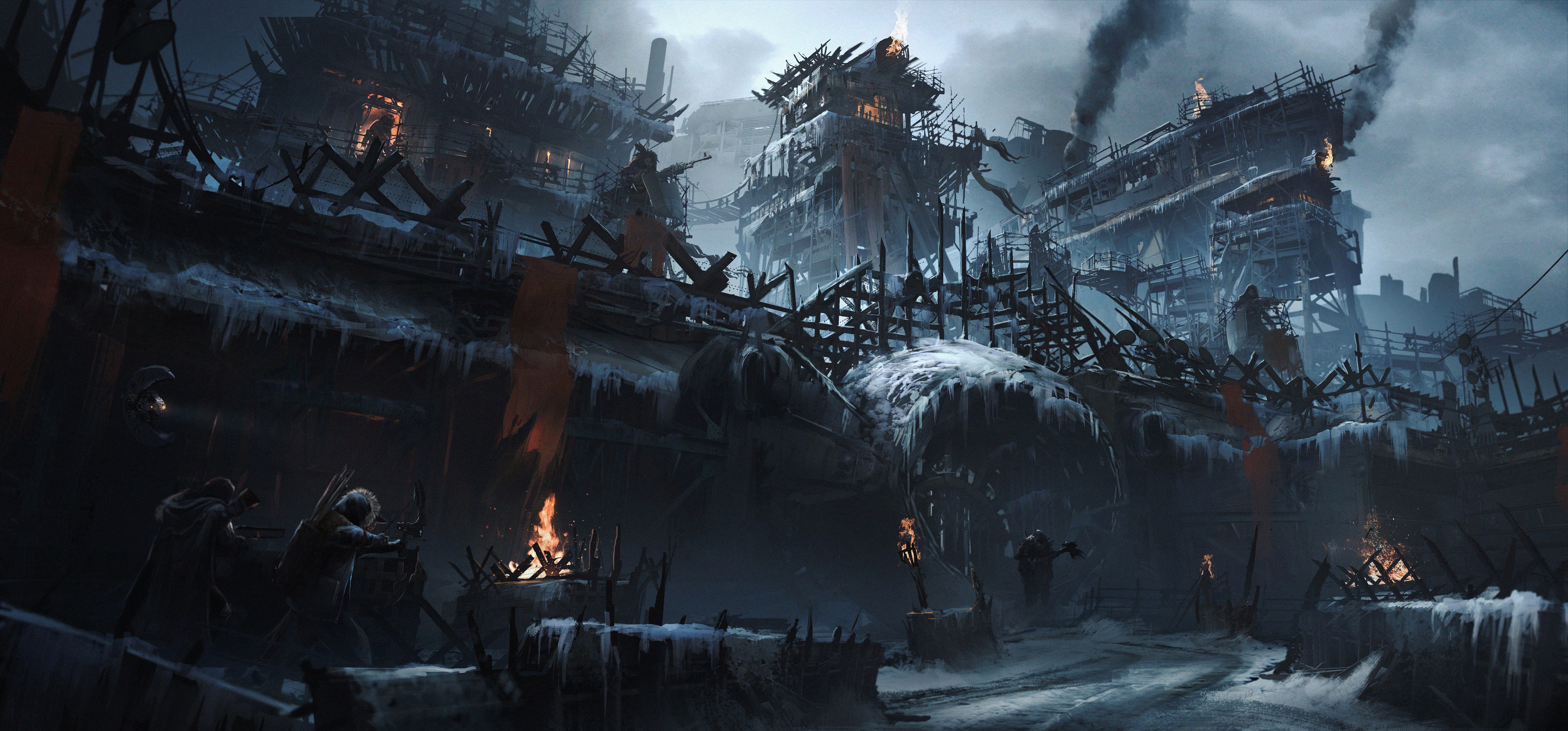 Scavengers in a post-apocalyptic settlement HD Wallpaper