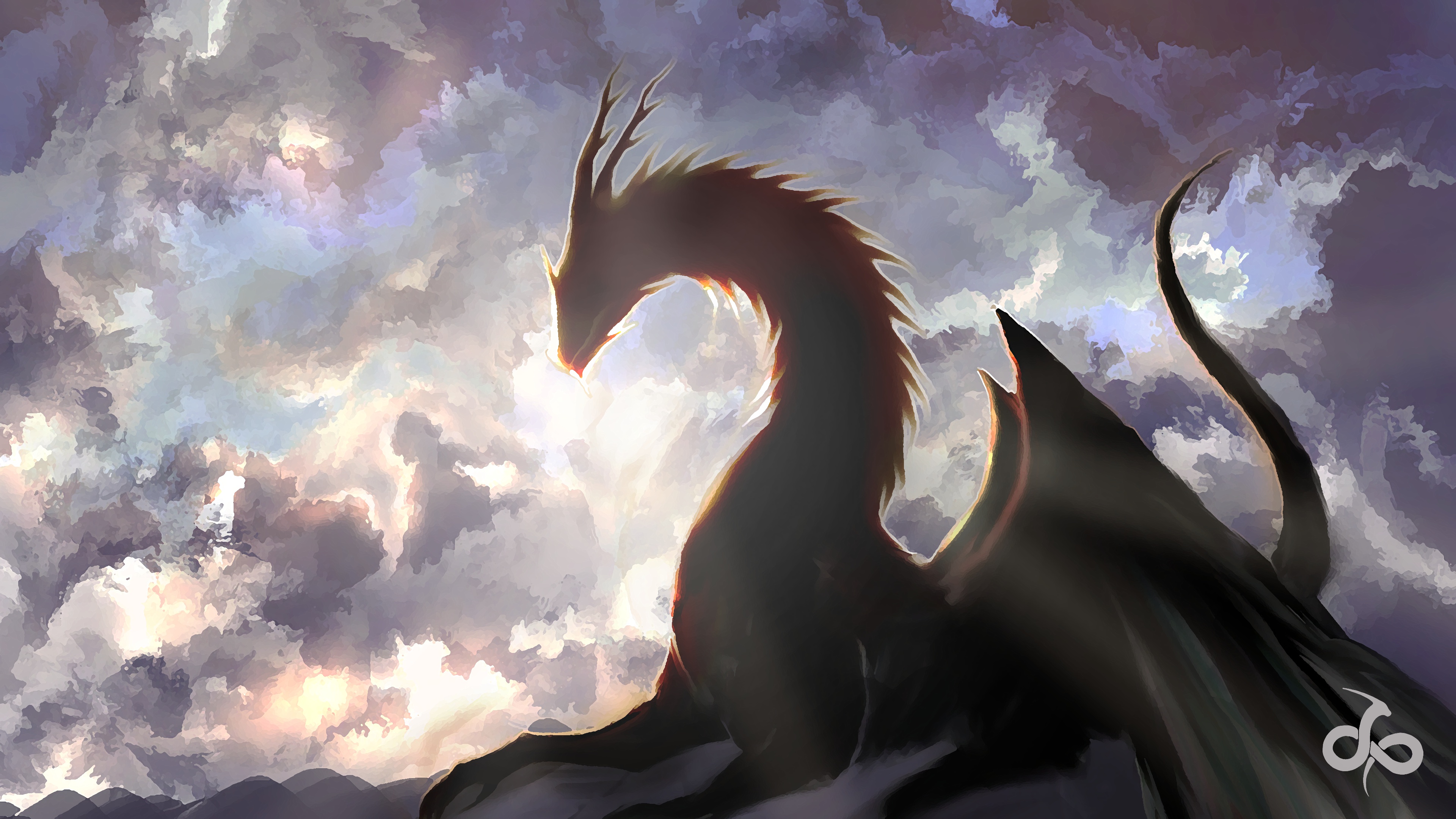 Dragon silhouetted against a cloudy sky HD Wallpaper
