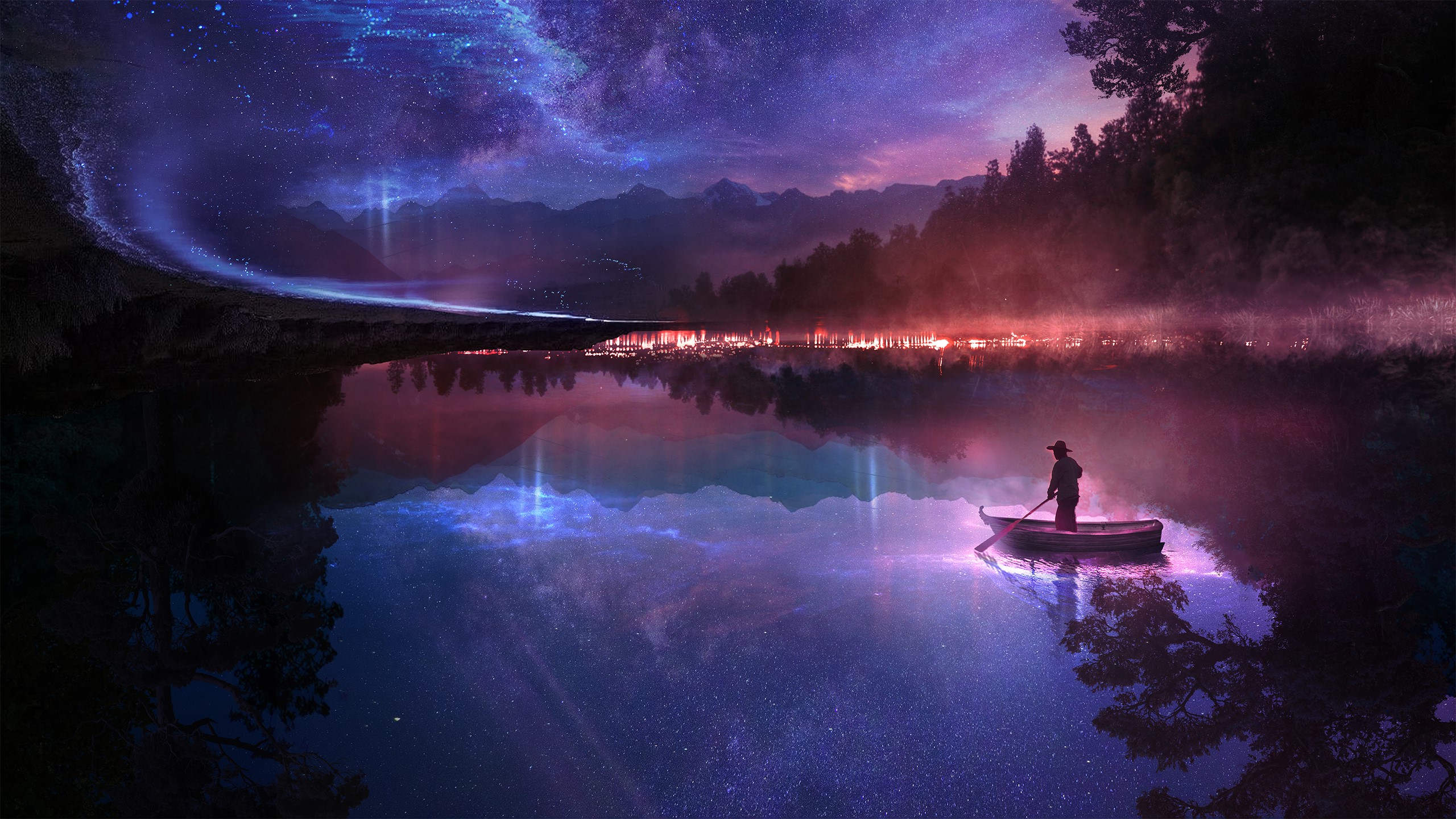 Fantasy digital art of a person in a boat under a starry sky HD Wallpaper