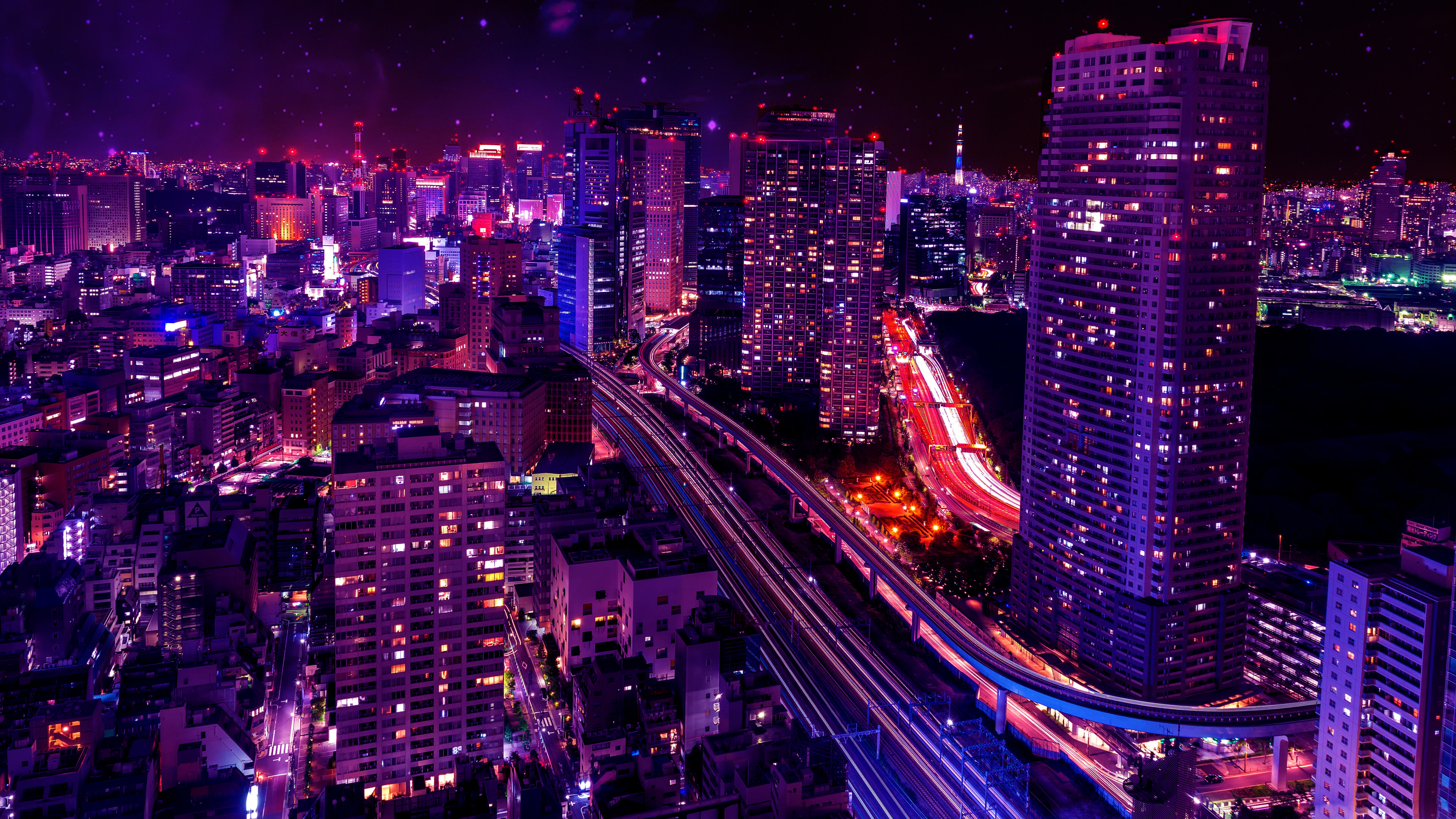 Neon Cityscape at Night with Light Trails HD Wallpaper