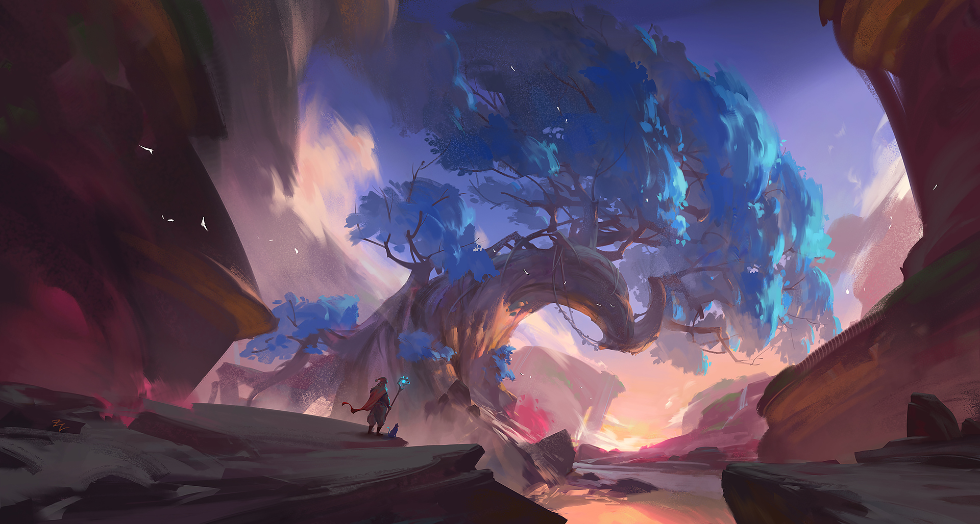 Fantasy landscape with a warrior and a large tree HD Wallpaper