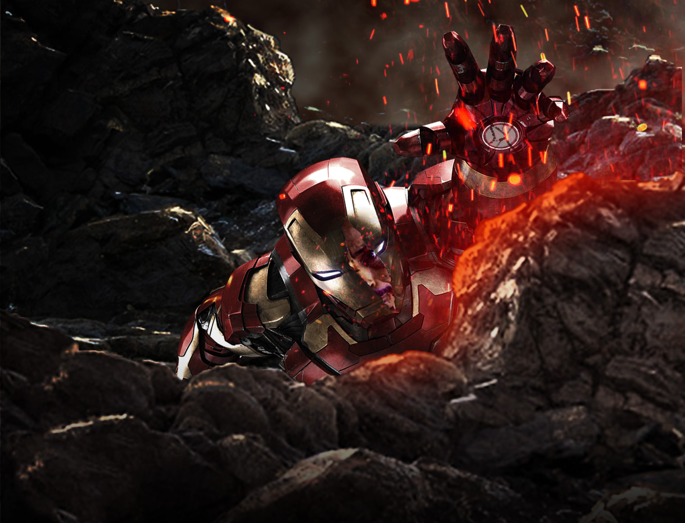 Iron Man in a rocky, fiery landscape HD Wallpaper