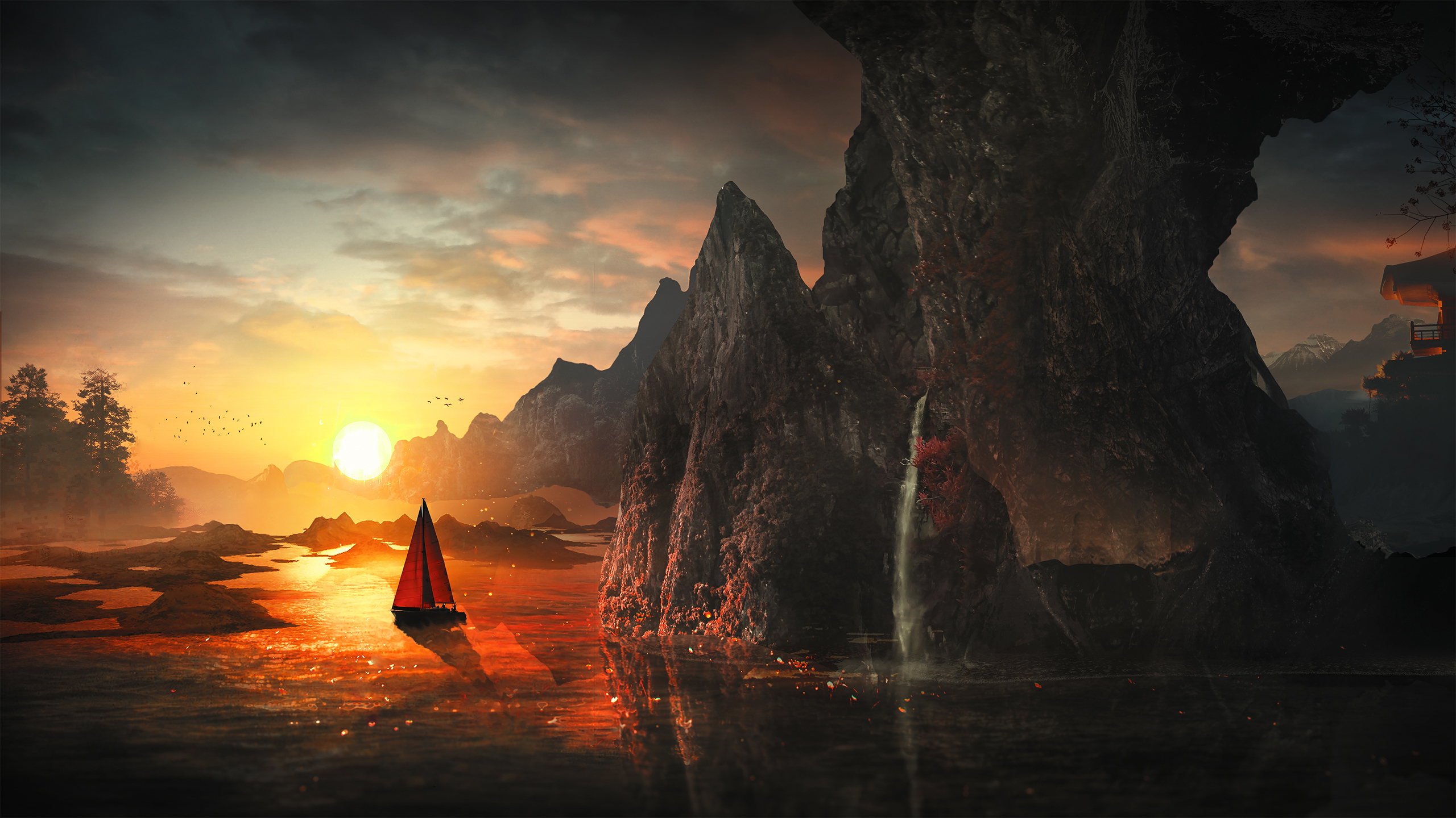 Sailboat on a lake with mountains and sunset HD Wallpaper