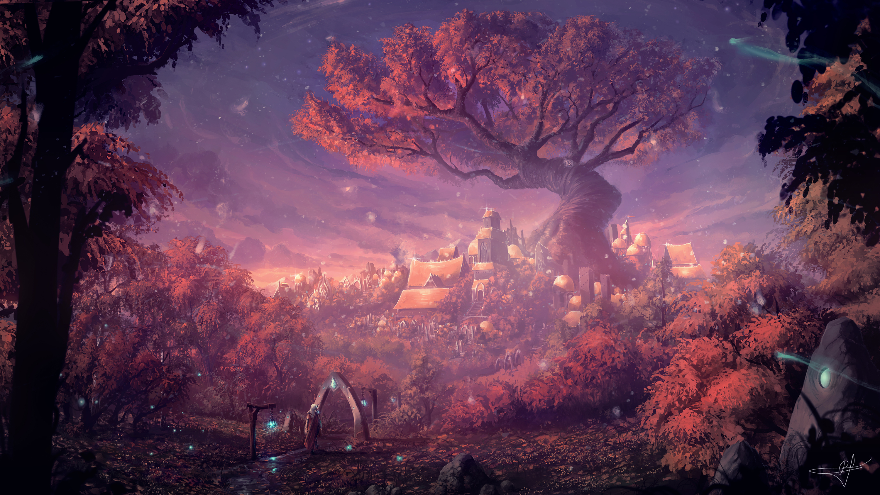Fantasy forest with ancient tree and village HD Wallpaper