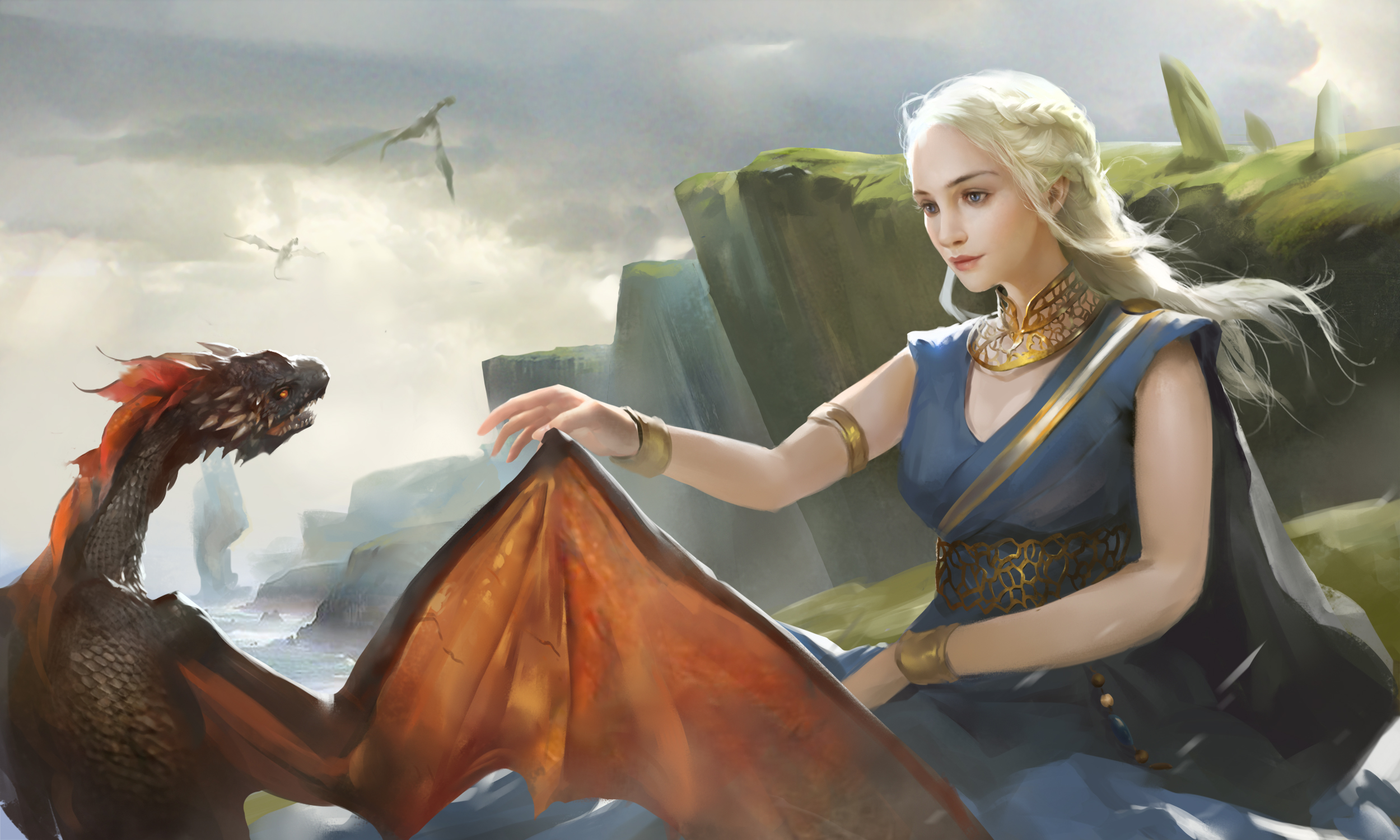 Daenerys Targaryen with dragons in Game of Thrones artwork HD Wallpaper
