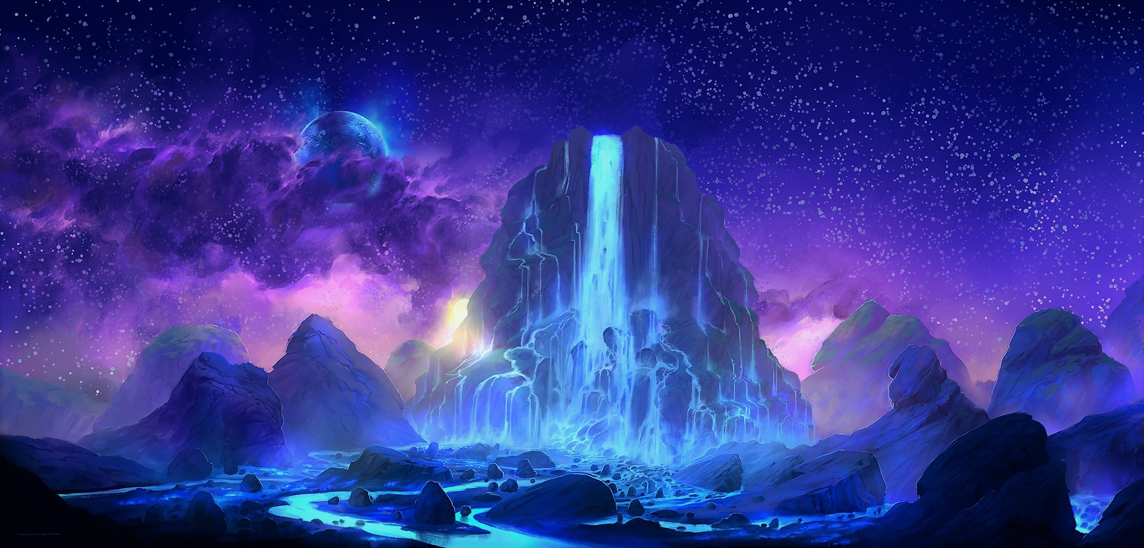 Mystical Blue Waterfall Under Starry Night Sky HD Wallpaper
