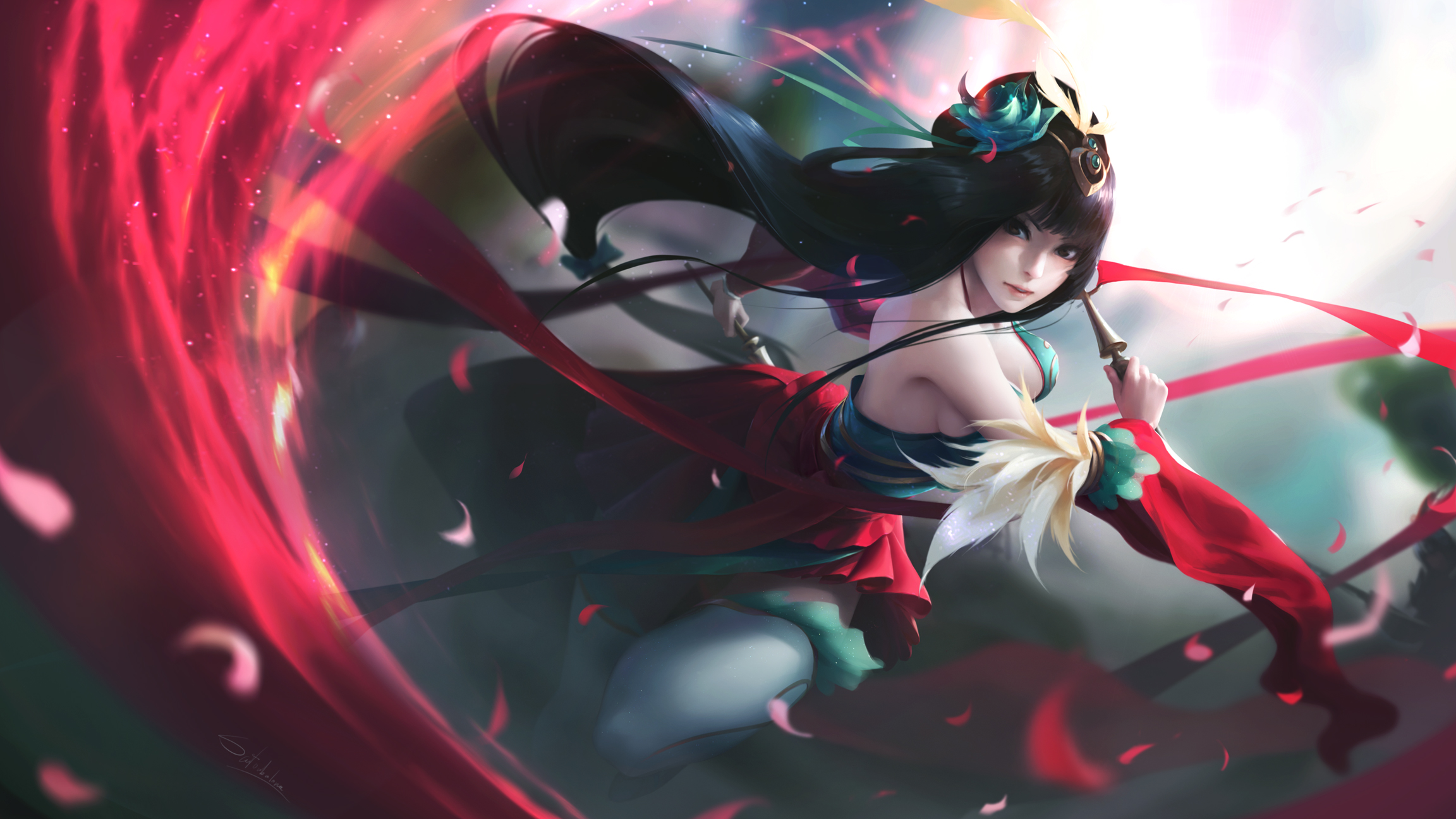 Anime girl with red ribbons and flowers HD Wallpaper