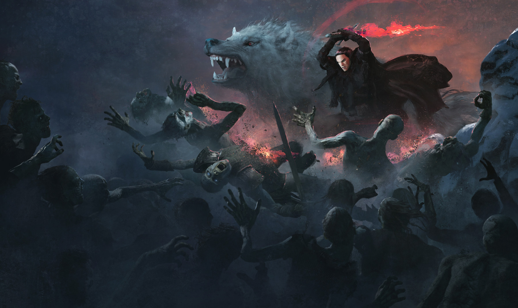 Man and wolf fighting zombies HD Wallpaper