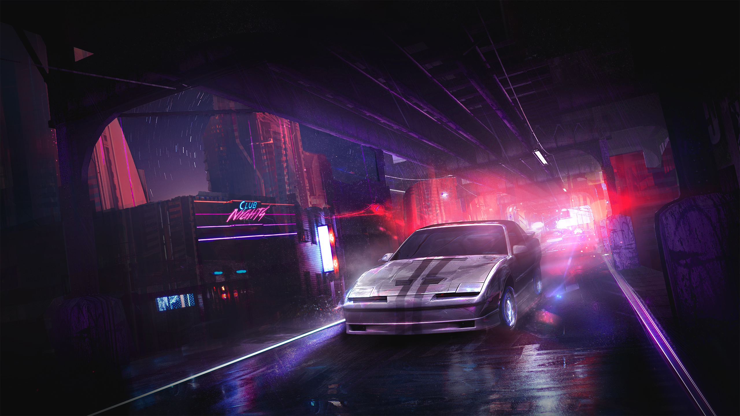 Cyberpunk car driving through neon city at night HD Wallpaper