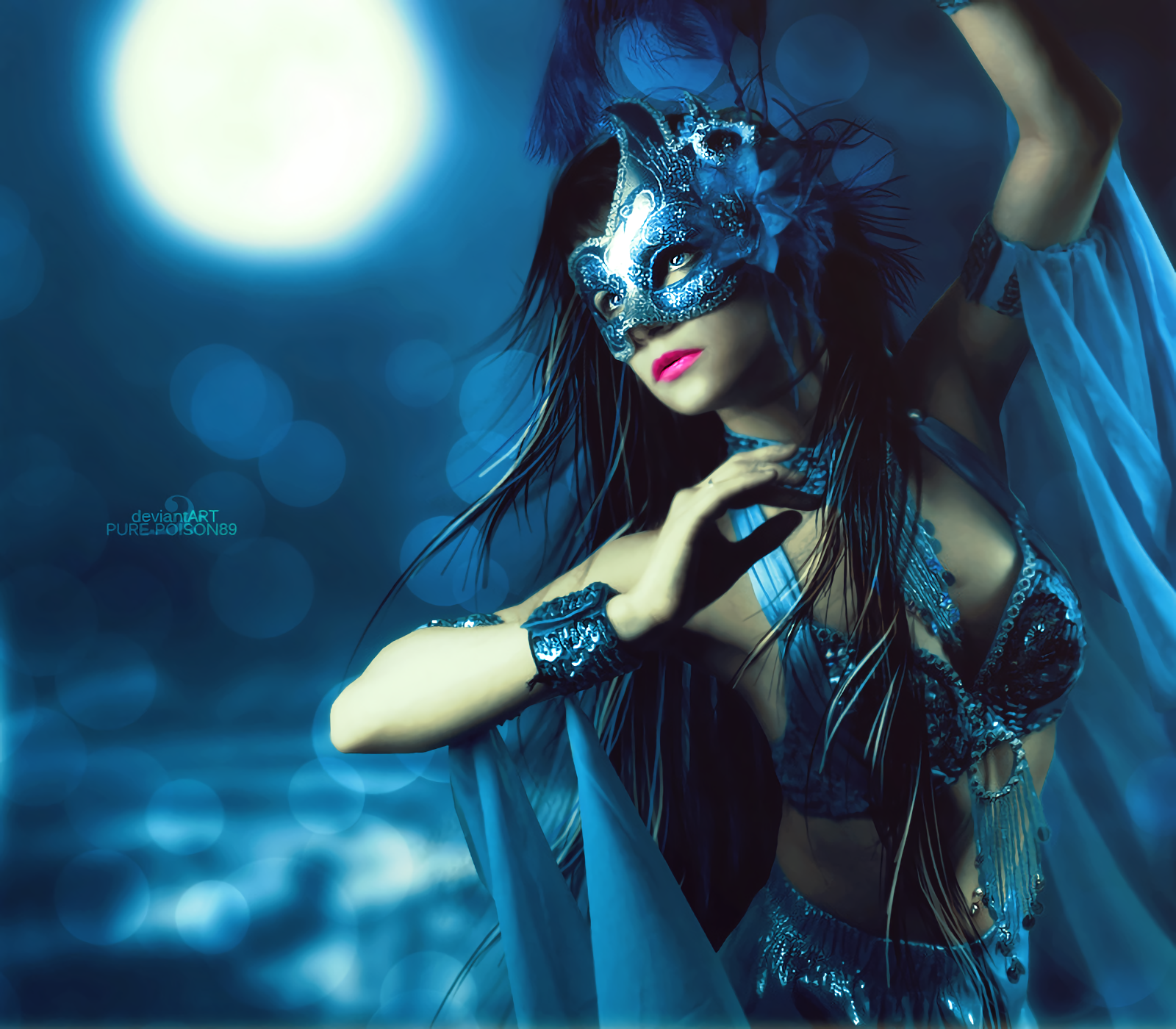 Mystical Woman in Silver Mask under Full Moon HD Wallpaper