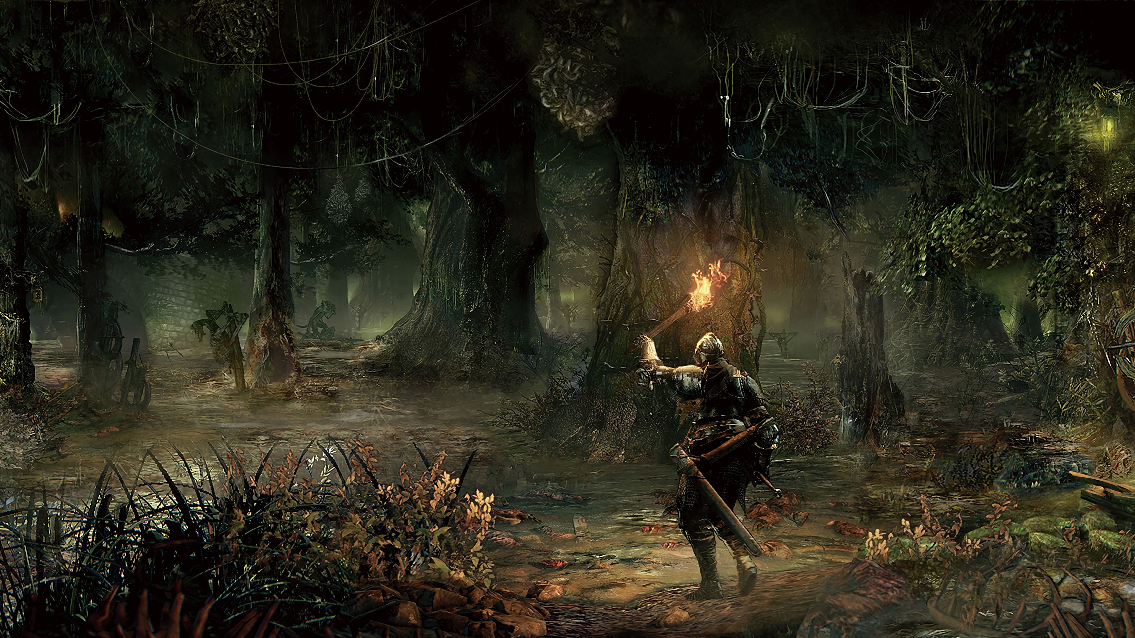 Dark Souls 3 swamp forest with knight holding torch HD Wallpaper